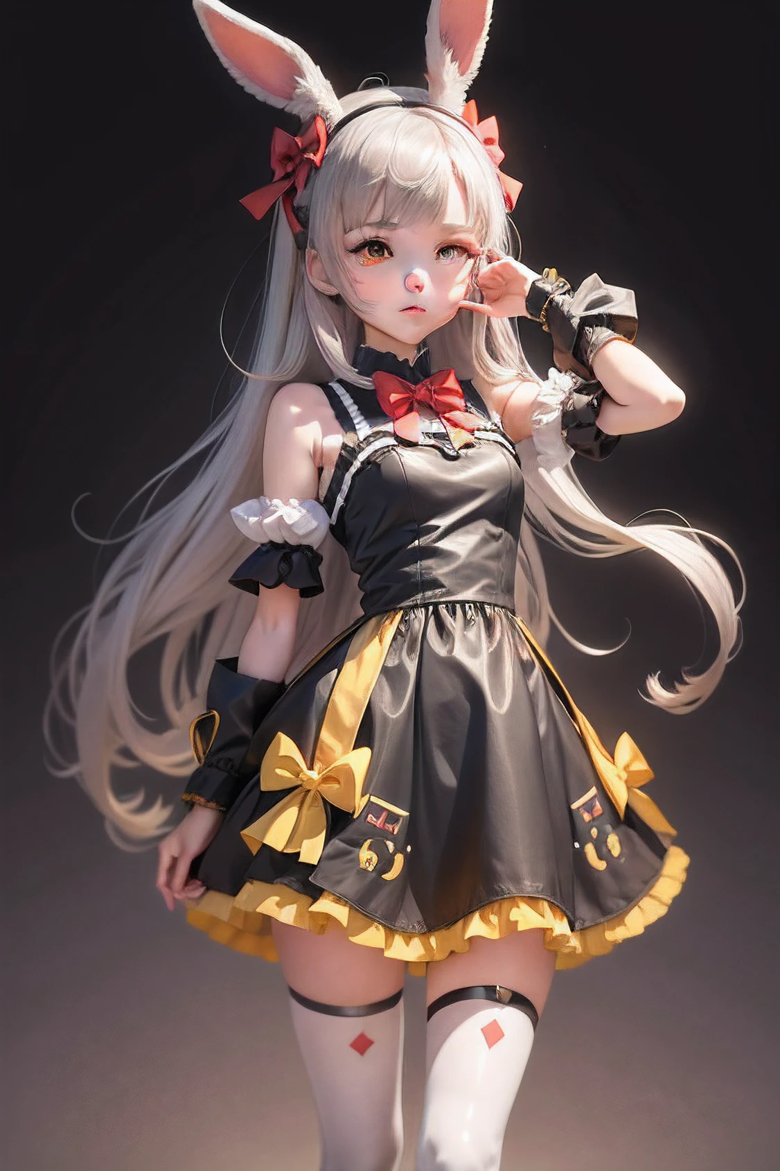 1girl, solo, animal ears, rabbit ears, full body, bow, robot, no mouth, standing, dress, yellow bow, red eyes, grey background, looking at viewer, white eyes
