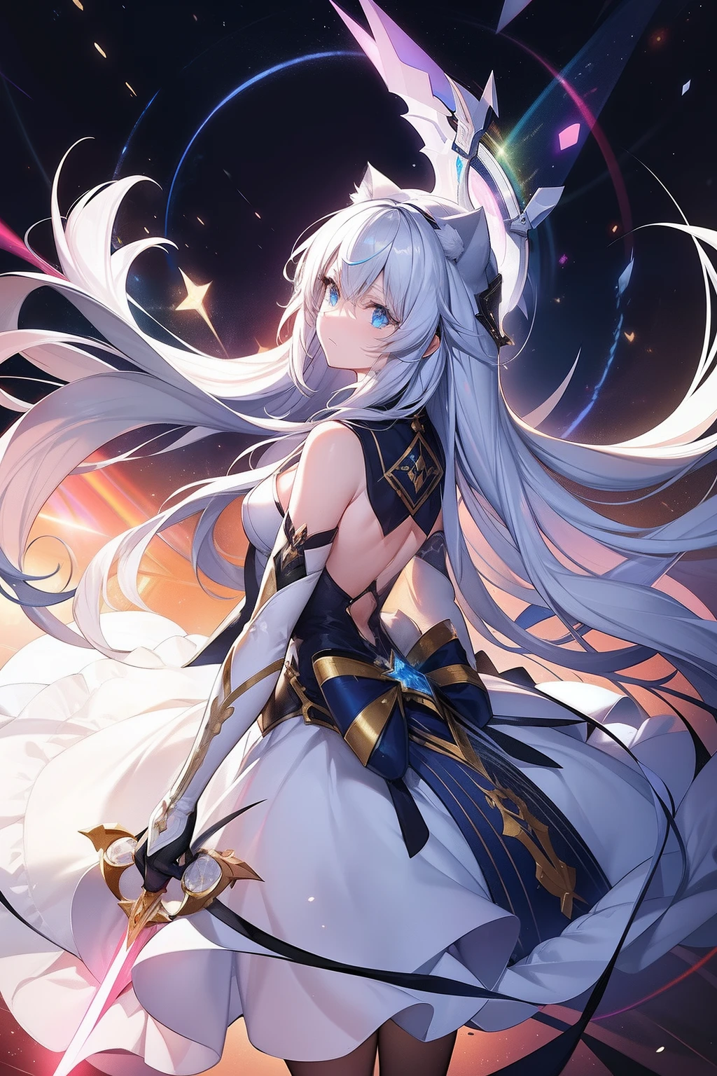 Cat ears on the head, hair is white and long,Goggles shine on her head,Her skin is pale, A blade of light enveloped me like a snake in interstellar wind,Unleash the Blade of Light, Highest Quality, Carry a blue cloak with war maiden decorations,Raise the rainbow sword of the brave, ((sad))((Big tears)), 8 Blue Light Sword,Blade of Light,Lens Flare, Big rainbow,The moon shines,Star chips, bloom, ((light glow)), chromatic abberation], Digital Painting, Insane details, Intricate details, Beautifully color graded, Unreal Engine, Cinematic , colour grading, Editorial Photography , Photography, Photo Shot, Shot on 70mm lens, depth of fields, degrees of freedom, Tilt Blur, Shutter Speed 1/1000, h/22