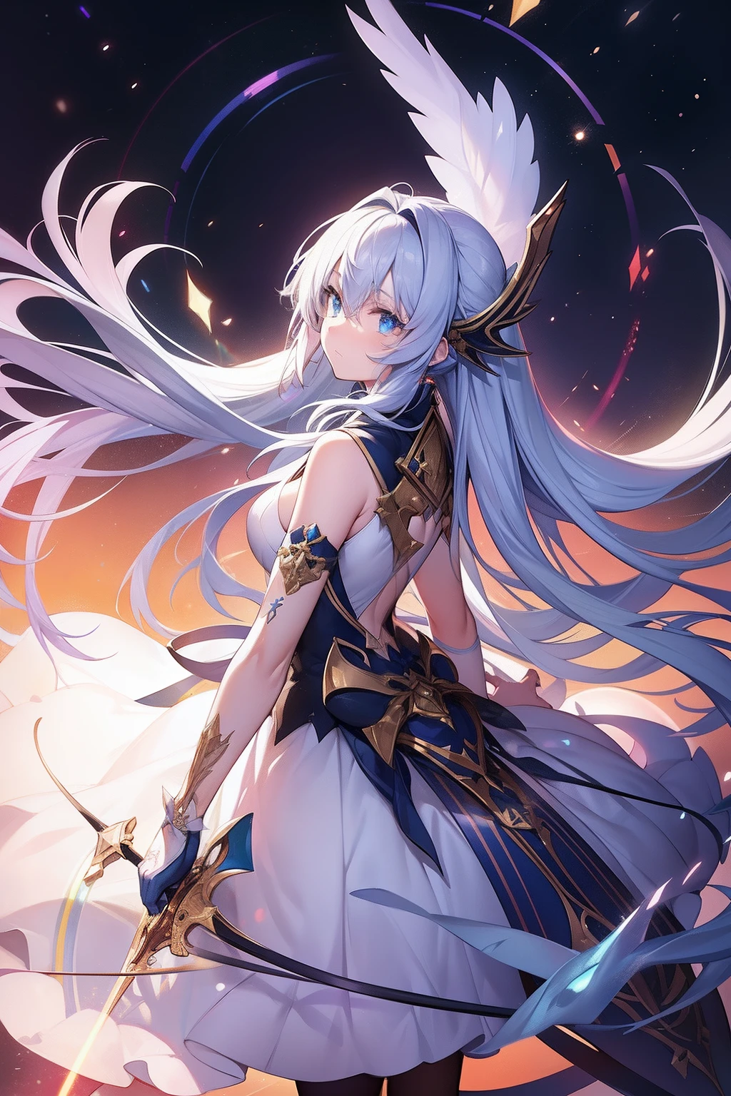Cat's ears,hair is white and long,Goggles shine on her head,Her skin is pale, A blade of light enveloped me like a snake in interstellar wind,Unleash the Blade of Light, Highest Quality, Carry a blue cloak with war maiden decorations,Raise the rainbow sword of the brave, ((sad))((Big tears)), 8 Blue Light Sword,Blade of Light,Lens Flare, Big rainbow,The moon shines,Star chips, bloom, ((light glow)), chromatic abberation], Digital Painting, Insane details, Intricate details, Beautifully color graded, Unreal Engine, Cinematic , colour grading, Editorial Photography , Photography, Photo Shot, Shot on 70mm lens, depth of fields, degrees of freedom, Tilt Blur, Shutter Speed 1/1000, h/22