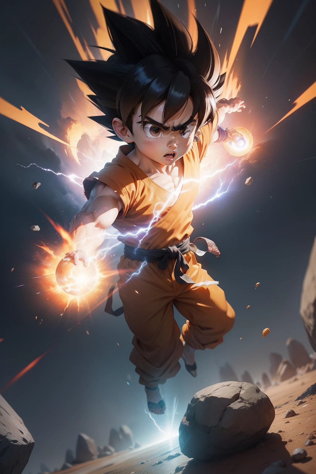 Son Goku power up floating above the ground, ground start breaking, stone and pebble floating, energy field emited from his body, viewed from bellow, camera view, dynamic field of view, cartoon camera style, panoramic, ultra wide angle, spherical perspective view, action cam