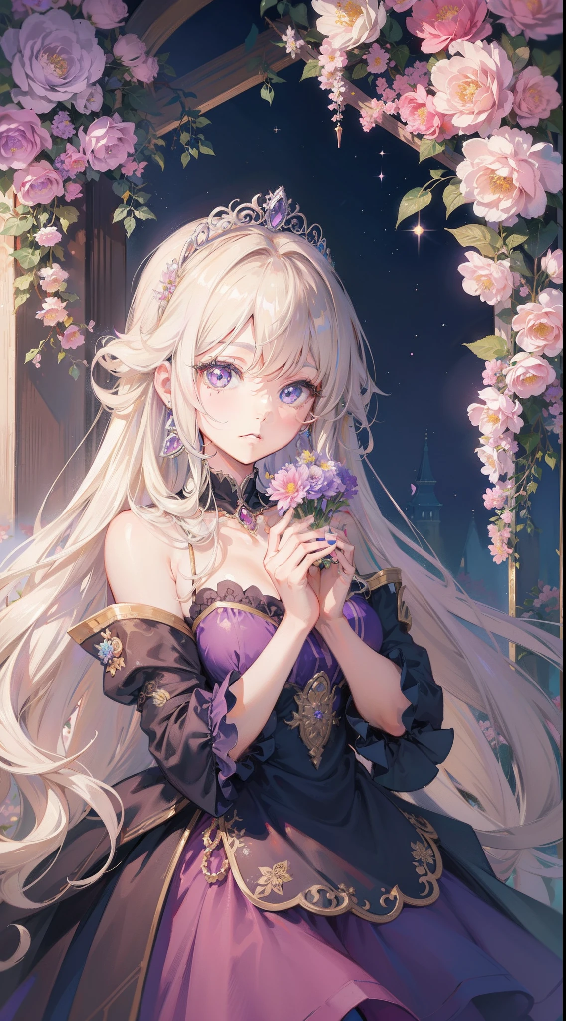 One beautiful anime girl,delicate curly and very-long blonde hair,white haired deity, sparkling purple eyes,jewel eye,wearing dark violet princess dress and Tiara, wearing delicate association and jewels,detailed jewels , cute anime girl in cute dress,elegant and delicate,elegant anime princess,cute face,highly detailed face,ultra detailed anime artwork, 8k high quality detailed artworks, anime fantasy artwork,best quality, high resolution,((beautiful detailed face)),detailed eye,crystal eye,big eye,((surrounded by colourful flowers)),8k high quality detailed fantasy artwork,colourful artwork,fine detailed,many colourful light spot