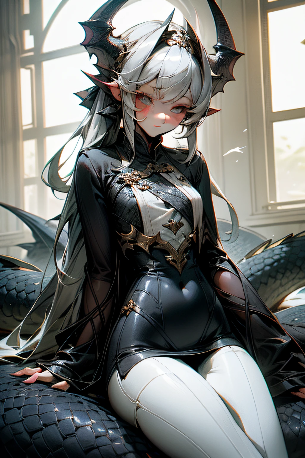1girl, lamia, scutes, white shirt, full bodyesbian, Original Character, volumettic light, best shadow, shallowdepthoffield, Stunning beautiful girl, petite, Delicate, beautiful and charming face,Dragon Lady,nachosaurus,Dragon King