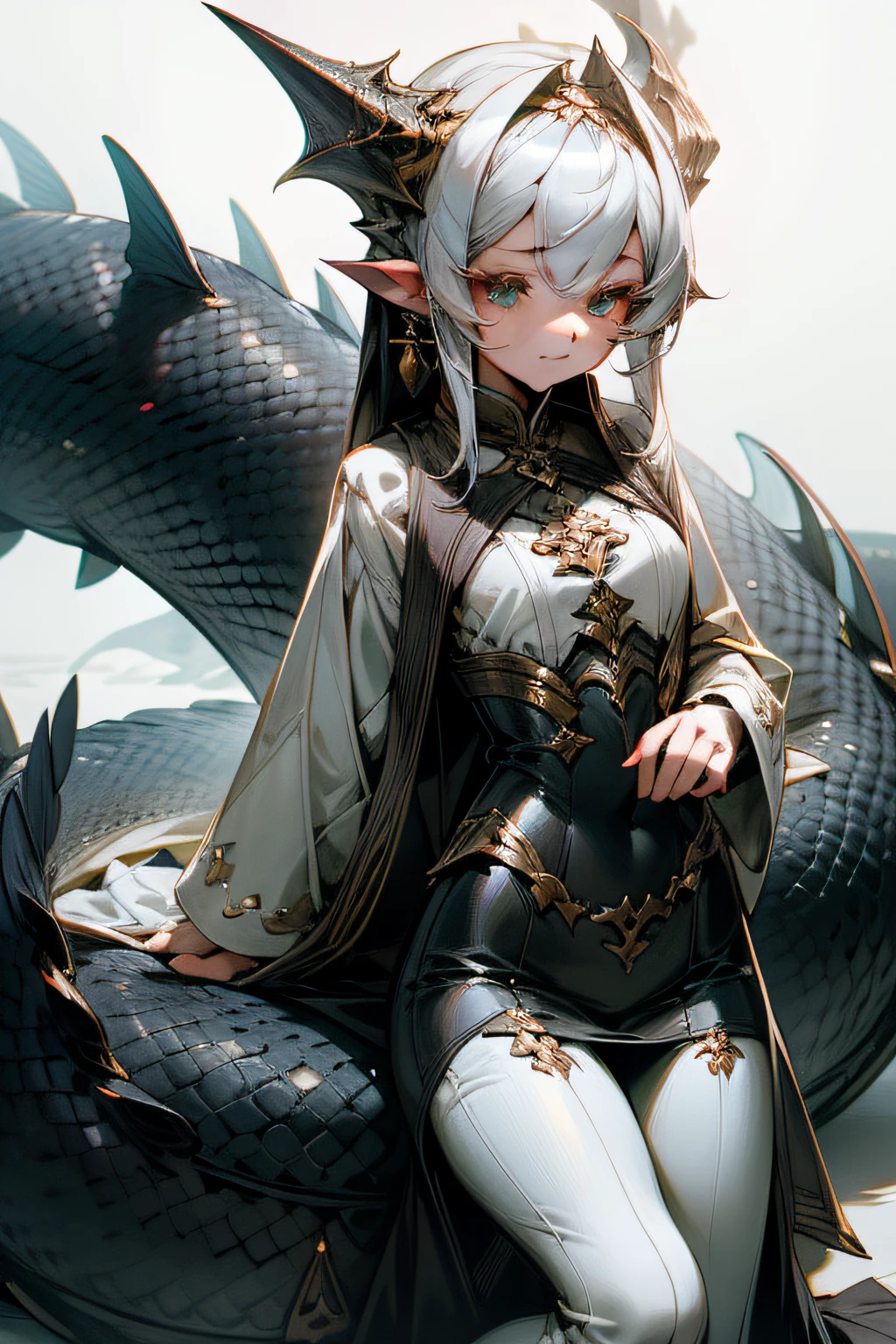 1girl, lamia, scutes, white  shirt, full bodyesbian, Original Character, volumettic light, best shadow, shallowdepthoffield, Stunning beautiful girl, petite, Delicate, beautiful and charming face,Dragon Lady,nachosaurus,Dragon King