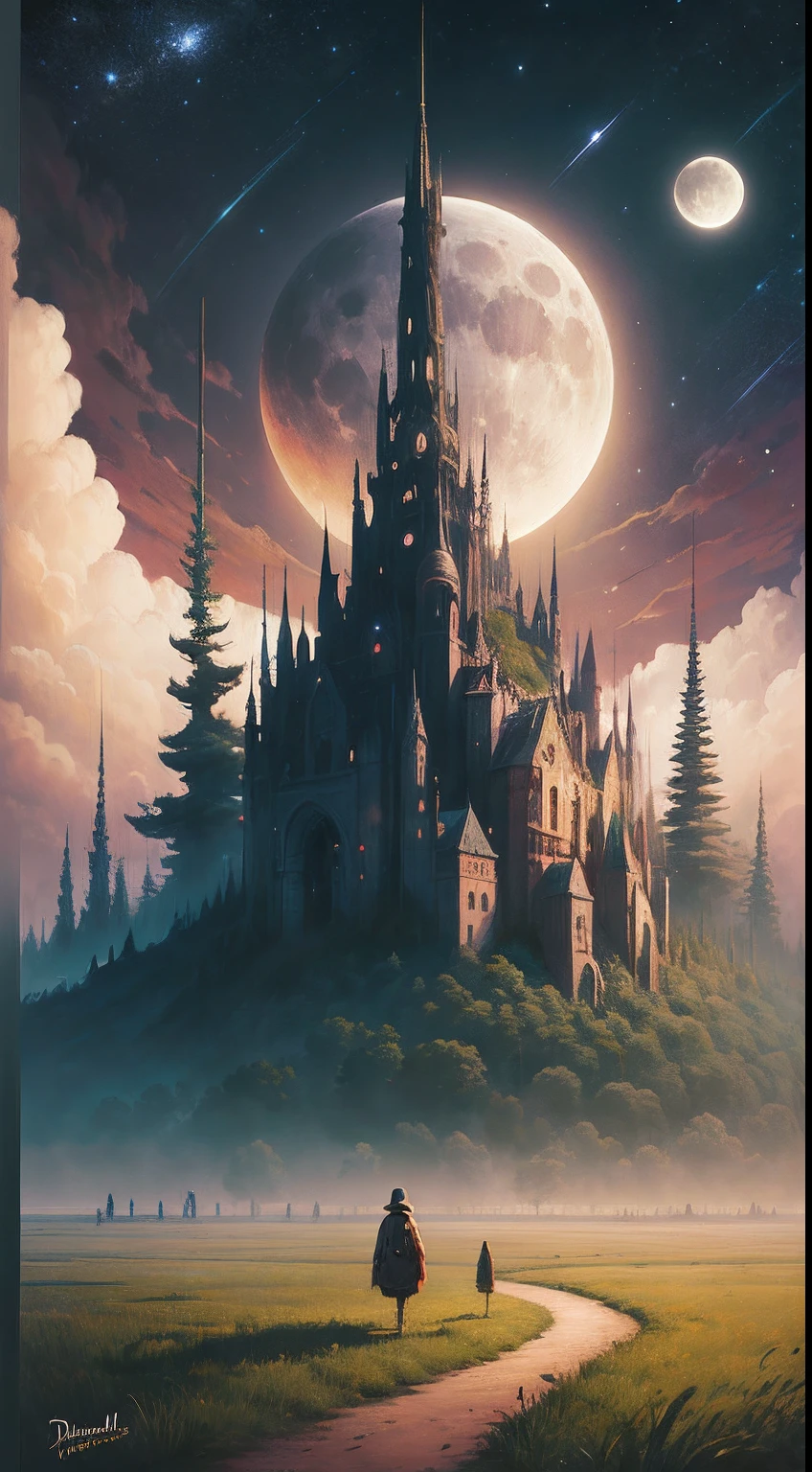 There is a painting of a field with trees and a full moon, arte digital por Vladimir Kush, Tumblr, arte digital, noite de outono, noite calma. digital illustation, Noite de luar atmosfera sonhadora, whimsical fantasy landscape art, Paisagem da lua, surreal gediminas pranckevicius, Dan McPharlin, bela noite de luar, cena surreal, arte surreal