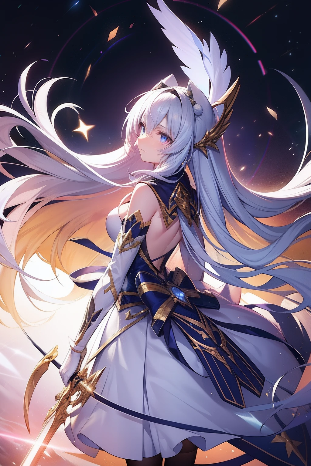 Cat ears on the head,hair is white and long,Goggles shine on her head,Her skin is pale, A blade of light enveloped me like a snake in interstellar wind,Unleash the Blade of Light, Highest Quality, Carry a blue cloak with war maiden decorations,Raise the rainbow sword of the brave, ((sad))((Big tears)), 8 Blue Light Sword,Blade of Light,Lens Flare, Big rainbow,The moon shines,Star chips, bloom, ((light glow)), chromatic abberation], Digital Painting, Insane details, Intricate details, Beautifully color graded, Unreal Engine, Cinematic , colour grading, Editorial Photography , Photography, Photo Shot, Shot on 70mm lens, depth of fields, degrees of freedom, Tilt Blur, Shutter Speed 1/1000, h/22