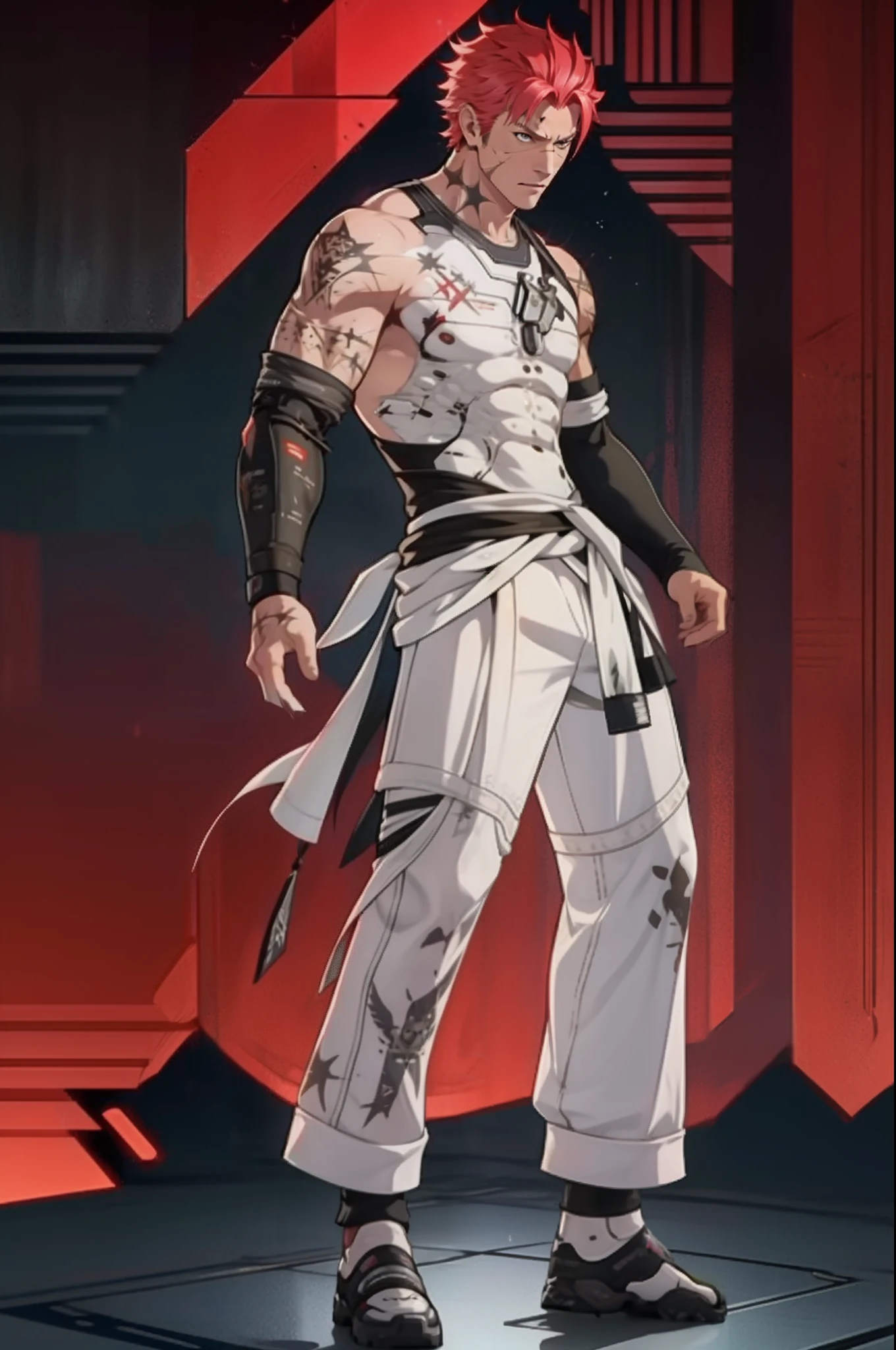 NOCTIS,1MALE NECK STAR\(SYMBOL\) TATTOO,ARM TATTOO,SCAR ON FACE, SINGLE MECHANICAL ARM,, full body,
