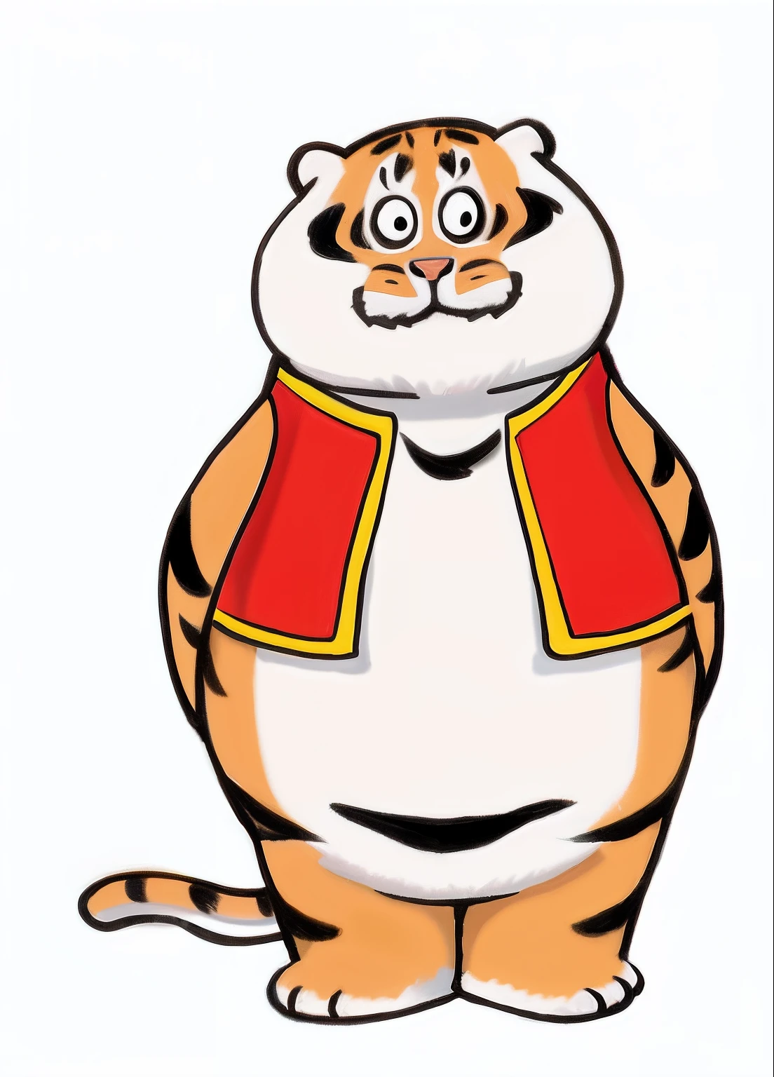Cartoon tiger with red vest and yellow collar, Anthropomorphic tiger, tony the tiger, Inspired by the Augustin Meinrad Bäch tiger, The tiger is smiling, japanese mascot, inspired by Tawaraya Sōtatsu, ((Tiger)), one tiger, Fat cat, cereal mascot, fat cat superhero