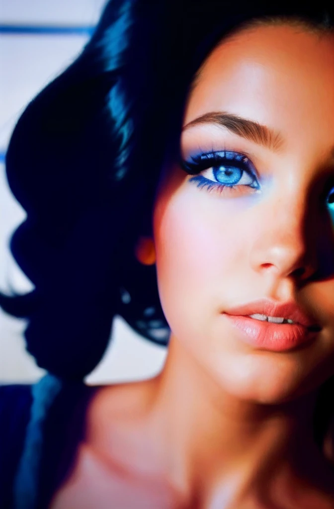 there is a woman with blue eyes and a black hair, fool body,  azure eyes, striking azure eyes, azure blue eyes, perfect blue eyes, with vivid blue eyes, piercing bright blue eyes, bright blue eyes, vivid blue eyes, blue shining eyes, crystal blue eyes, symmetric azure eyes, light blue piercing eyes, blue piercing eyes, azur blue eyes fool body
