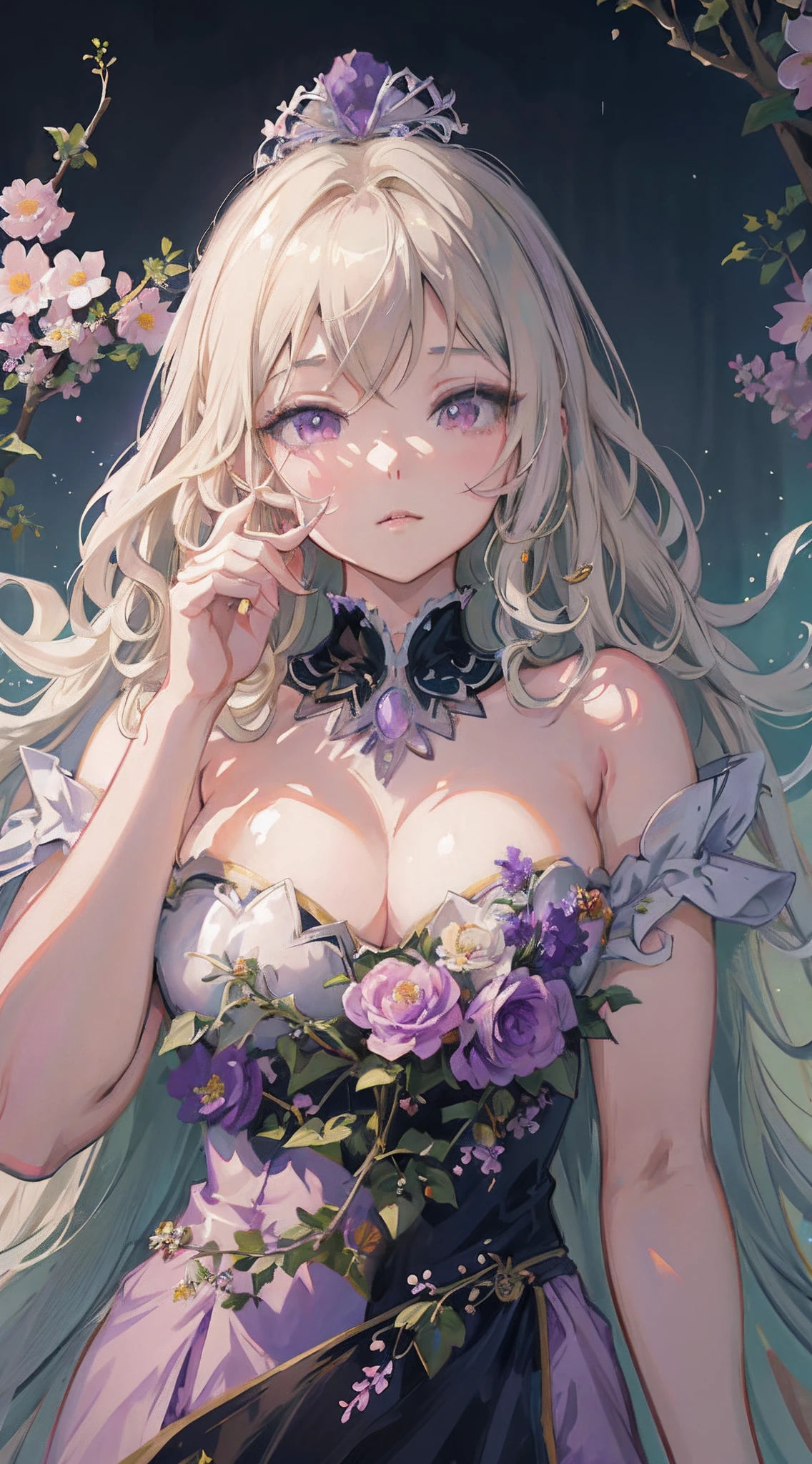 anime girl with long blonde hair and purple dress flowers, detailed digital anime art, detailed anime art, guweiz on pixiv artstation, detailed anime artwork, beautiful anime portrait, guweiz on artstation pixiv, anime art wallpaper 4k, anime art wallpaper 4 k, beautiful anime art, beautiful anime artwork, clean detailed anime art