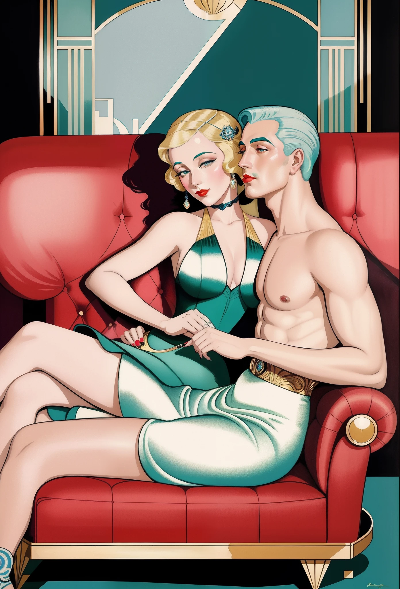 Painting of a man and a woman in a dress sitting on a sofa, art deco illustration, art deco painting, inspirado em Gerda Wegener, Otto Schmidt, Uma pintura Art Deco, Art Deco dos anos 1920, art deco portrait, Directed by: Alberto Kotin, Directed by: Pat Adams, Directed by: Gerda Wegener, inspirado em George Barbier, fundo azul
