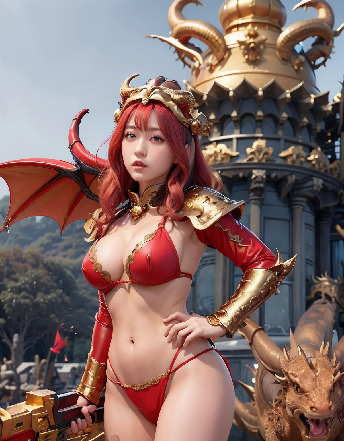 Professional , masterpiece、top-quality、photos realistic , depth of fields 、(Dragon Red Metal Body:1.9),(Enamel Red、(cleavage of the breast)、Dragon Gold Weapon、(Red Micro Bikini Armor:1.4),Gorgeous gold weapons ,(( Dragon's dense and gorgeous sword)) , (demonic wings)、((a blond))、(Castle background)、((Gangle's forest background))、((Fight dragons))、Beautiful Caucasian beauty、1a person、dynamic ungle,(((Detailed and ornate dragon helmet)))、Smaller head、A smile、Castle background、Thin and beautiful female hands、cleavage of the breast、Soldier in iron armor on background、Mystical expression、Light Effects、intense fighting、Wind-effect、magic circles、With the legendary magic wand、Dragon's tail、explosions、Anatomically correct body、