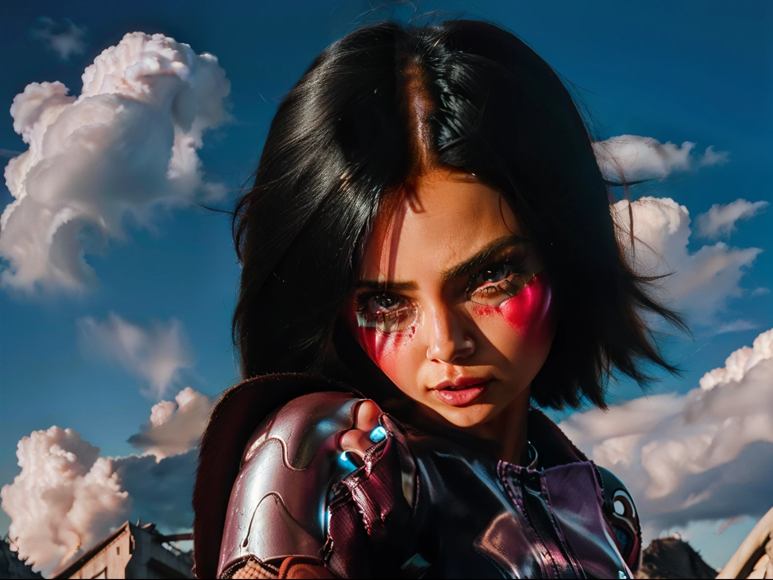 Alita, marcas en la cara, marcas rojas, Marcas destacadas, hermosas manos, Estilo retro, cyberpunk, angel, Manos perfectas, cabello rosado, fondo oscuro, iluminado en las nubes