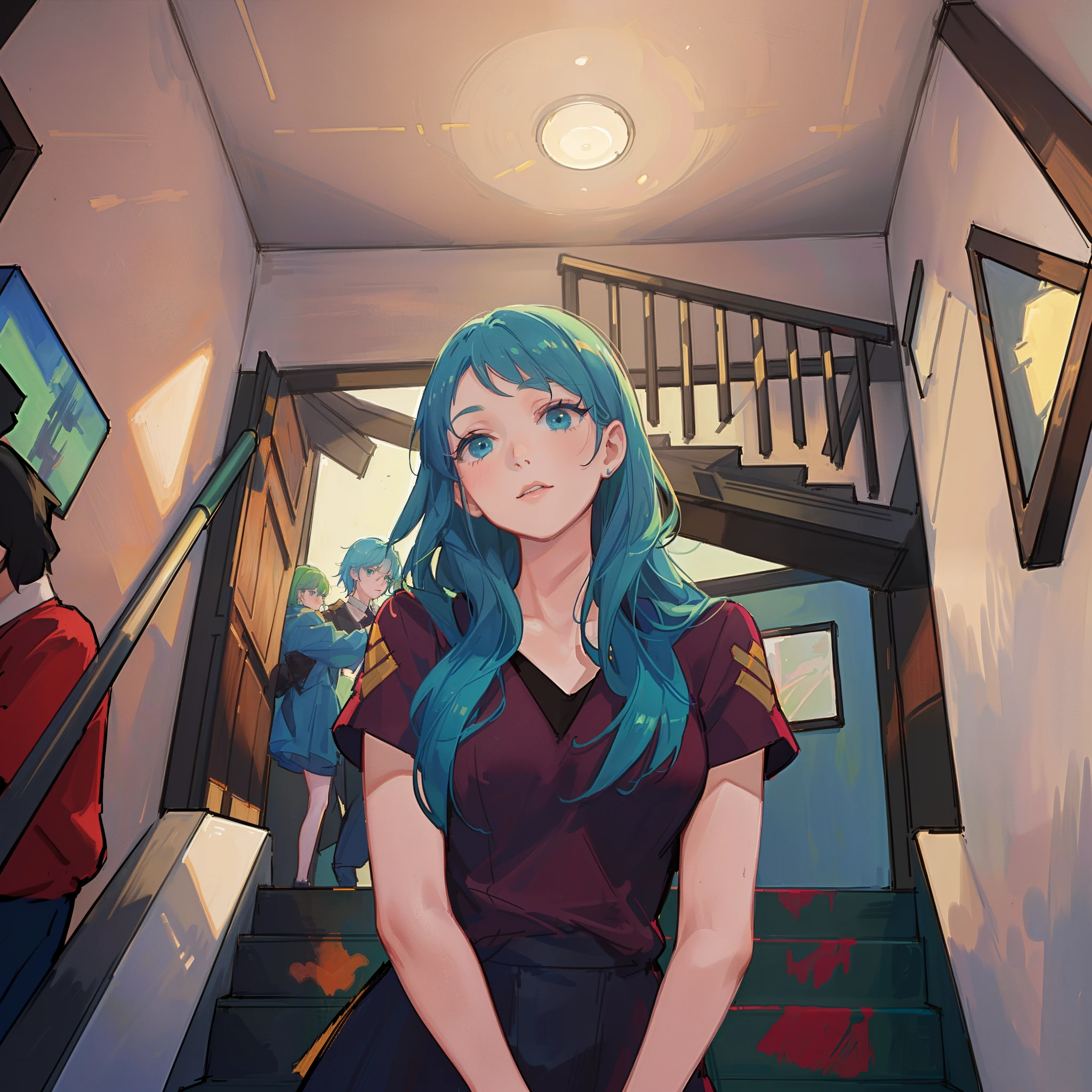 Anime girl with green hair and blue eyes standing in a hallway, estilo de arte loish, inspirado em Lois van Baarle, Retrato Lofi, no estilo de arte do anime 8 0 s, lofi, 9 0 s estilo de arte anime, Elogio Artstyle, Loish Van Baarle, VA-11 Hall-A, illustration Anime style
