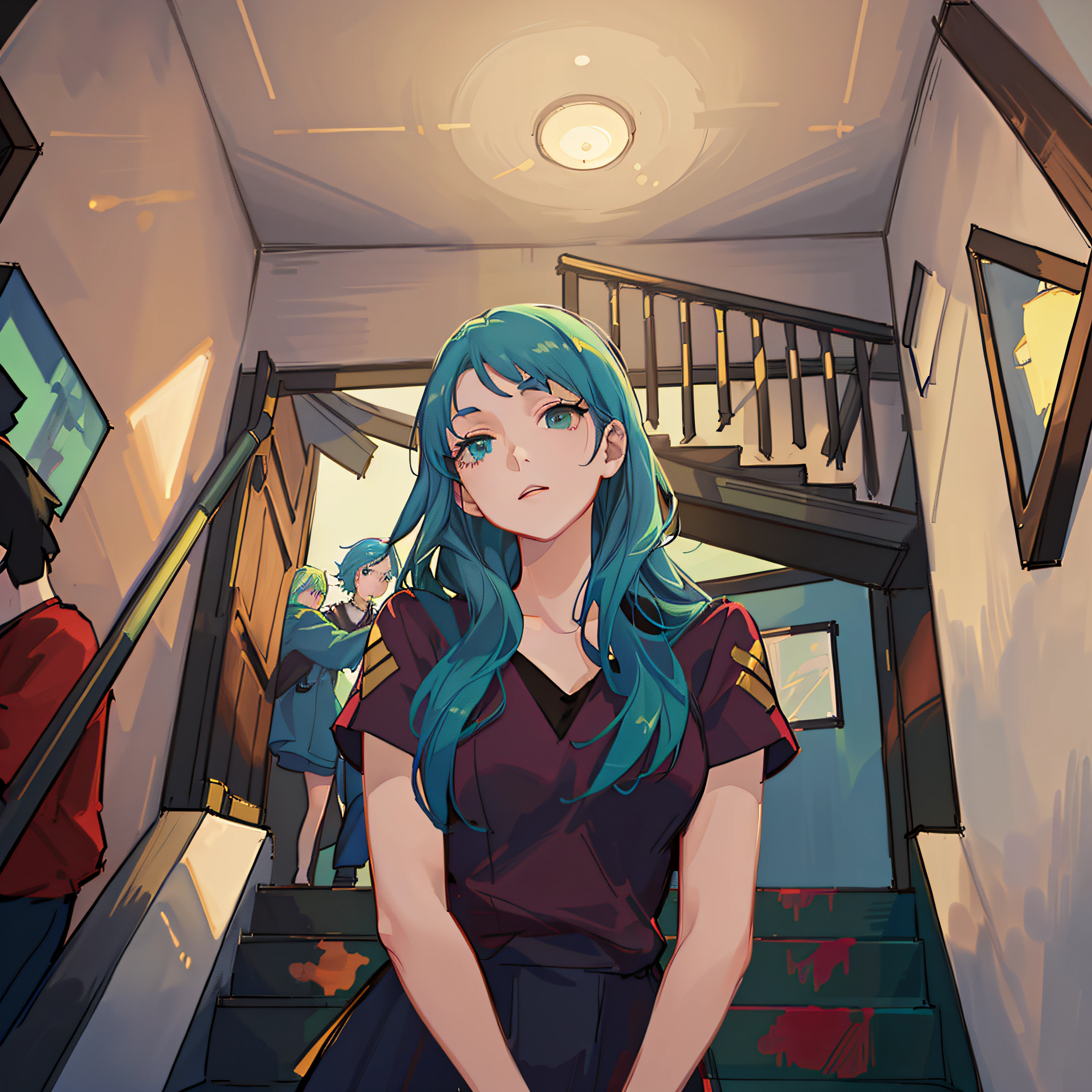 Anime girl with green hair and blue eyes standing in a hallway, estilo de arte loish, inspirado em Lois van Baarle, Retrato Lofi, no estilo de arte do anime 8 0 s, lofi, 9 0 s estilo de arte anime, Elogio Artstyle, Loish Van Baarle, VA-11 Hall-A, illustration Anime style