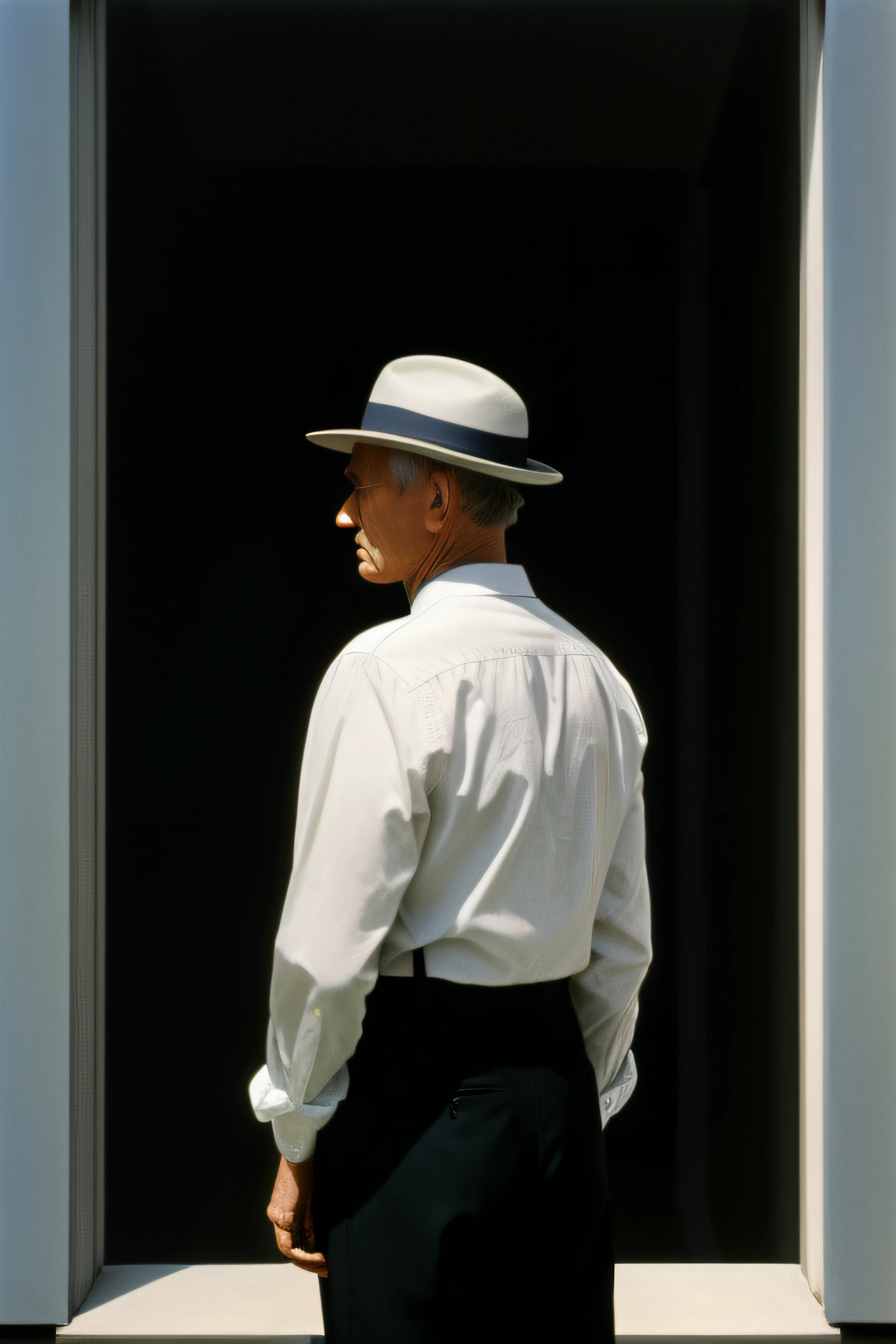 homem de roupas casuais anos 90 por Edward Hopper, back vision, Vision from afar, rene magritte