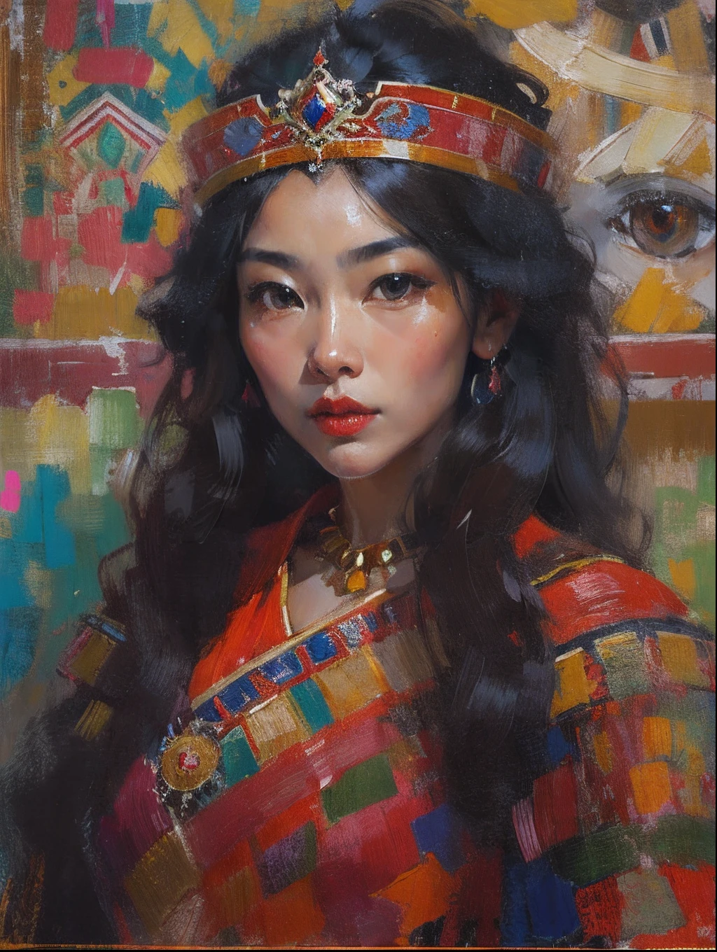 Tibetan girl，Potala Palace background，cabelos preto e longos，Sexy and seductive red lips，Colorful Tibetan costumes，Collage felt and cloth，closeup cleavage，Close-up strengthened，Half-length portrait，Oil paints，acrycle painting，tmasterpiece，Renaissance style，best qualtiy，A high resolution，super-fine，Eyes detailed，Face detailed，hair detail，Accurate，Clear eye focus close-up