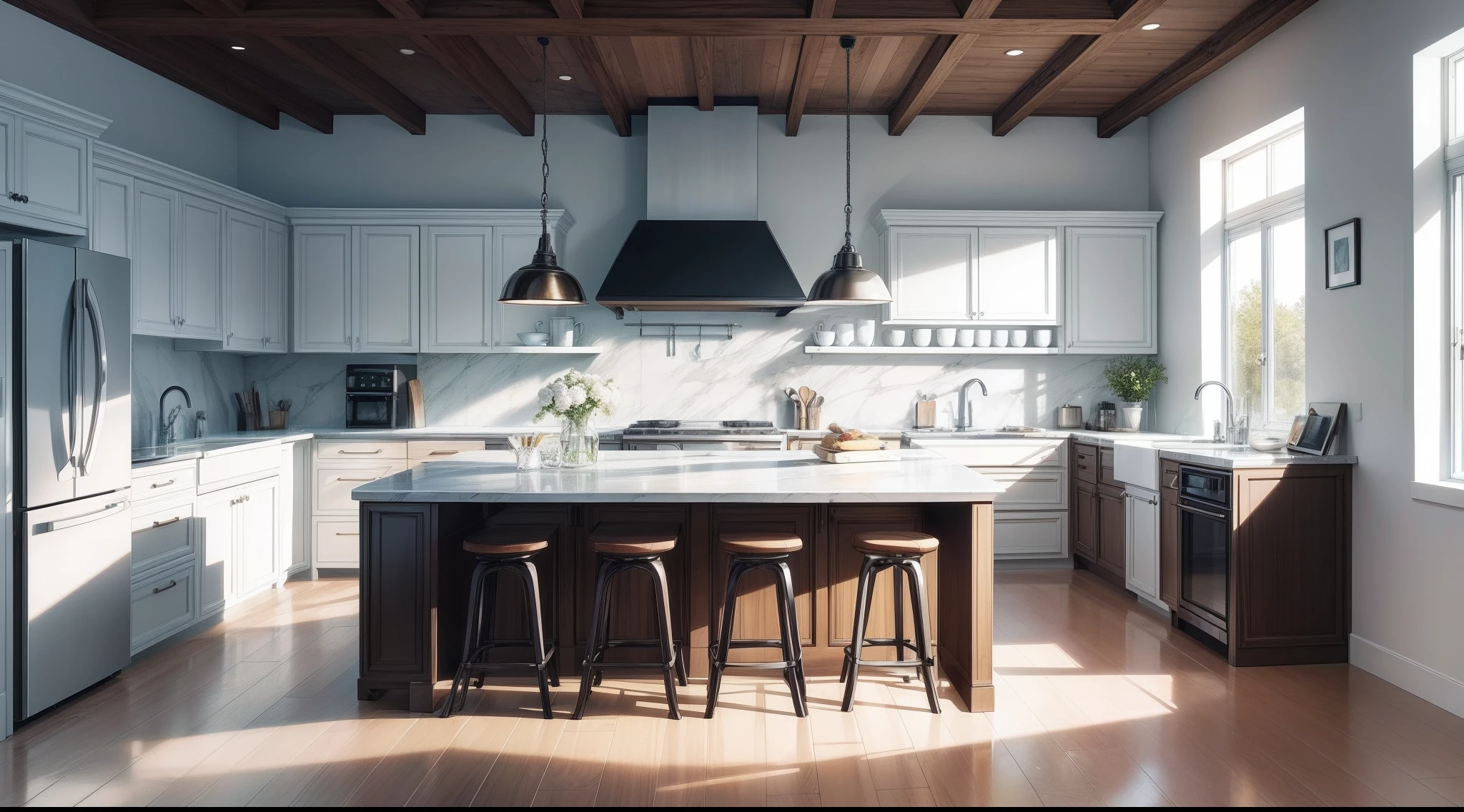 To design a modern and functional kitchen that combines beauty and practicality, I will use bright and fresh colors such as white and sky blue to give a feeling of vitality and vitality, I will choose simple and modern furniture with elegant metal details, I would be interested in providing enough storage space to organize the tools, Utensils and other supplies, I would be interested in providing a spacious and comfortable workspace for cooking, I will choose high quality, Advanced home appliances that meet your needs, I will provide a dining space with a stylish and comfortable table and chair design, I will use environmentally friendly and durable materials, Easy-to-clean worktop such as marble or granite, I'll take care of the perfect kitchen lighting, With good general lighting and important lighting on work areas, Finally, I will add great finishes such as colored tiles or beautiful decorations to add a touch of elegance and personality to the kitchen, 3dx Max Rendering, extremely realistic, 8k, Light and cool lighting, realistic photo, Cel shaded, Gel lighting, ultra-detail