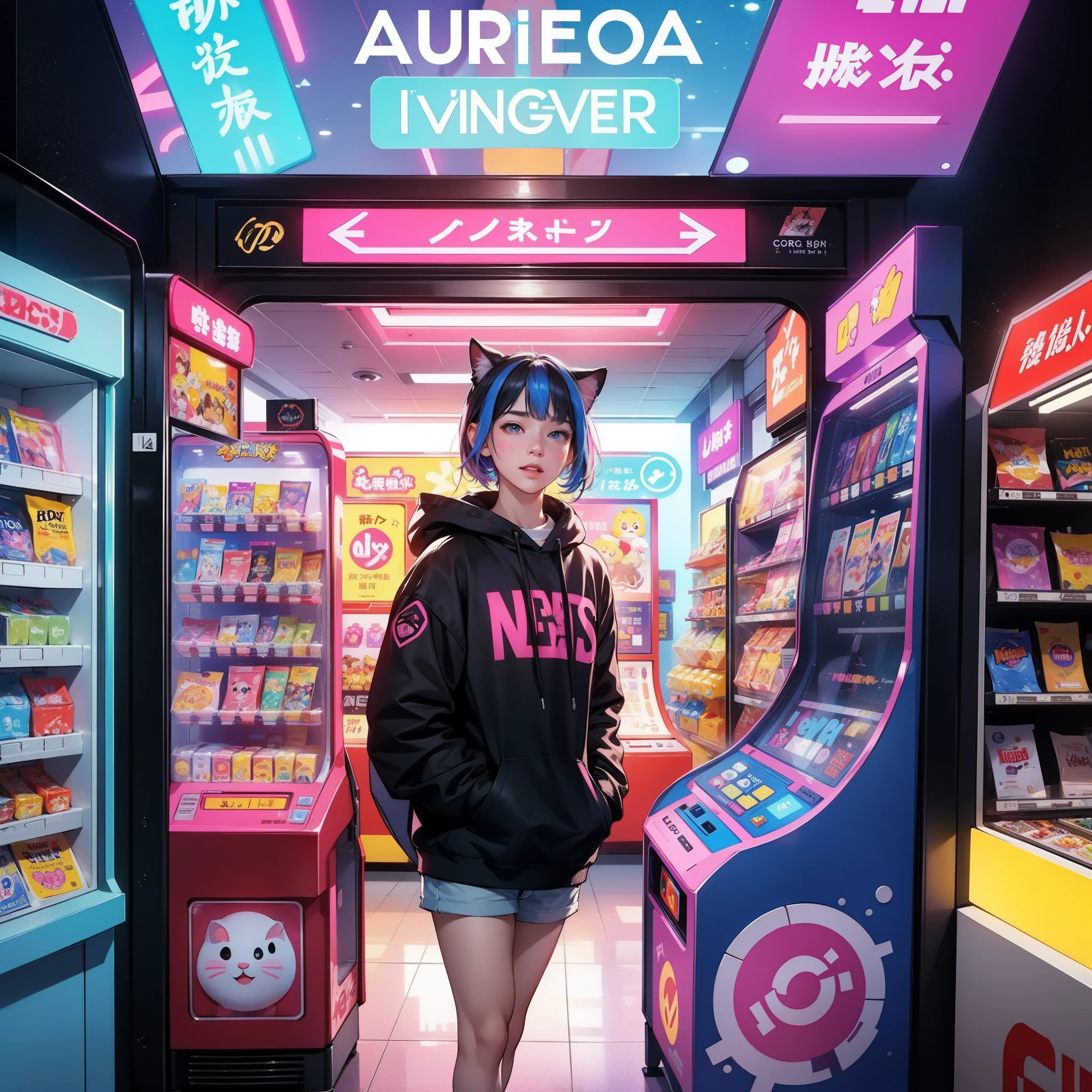 (Masterpiece), (front view), (premiere), (superior quality), trending on Pinterest, There's a Pretty Girl inside the vending machine with a stuffed animal inside, (mall), cute cat hoodie, cute costume, (( two tone hair)), (gradient hair), (diagonal bangs), (joyful expression), blush, gradient eyes, ((bright neon lights)), AMONG US, broken vending machines, arcade game, electronic claw, Enter us video game, Among Us character, among us imposter, caught, arcade machine, vending machine, among us imposter, among us crewmate, a busy arcade, biopunk toys made in china, vending machines, animatronic