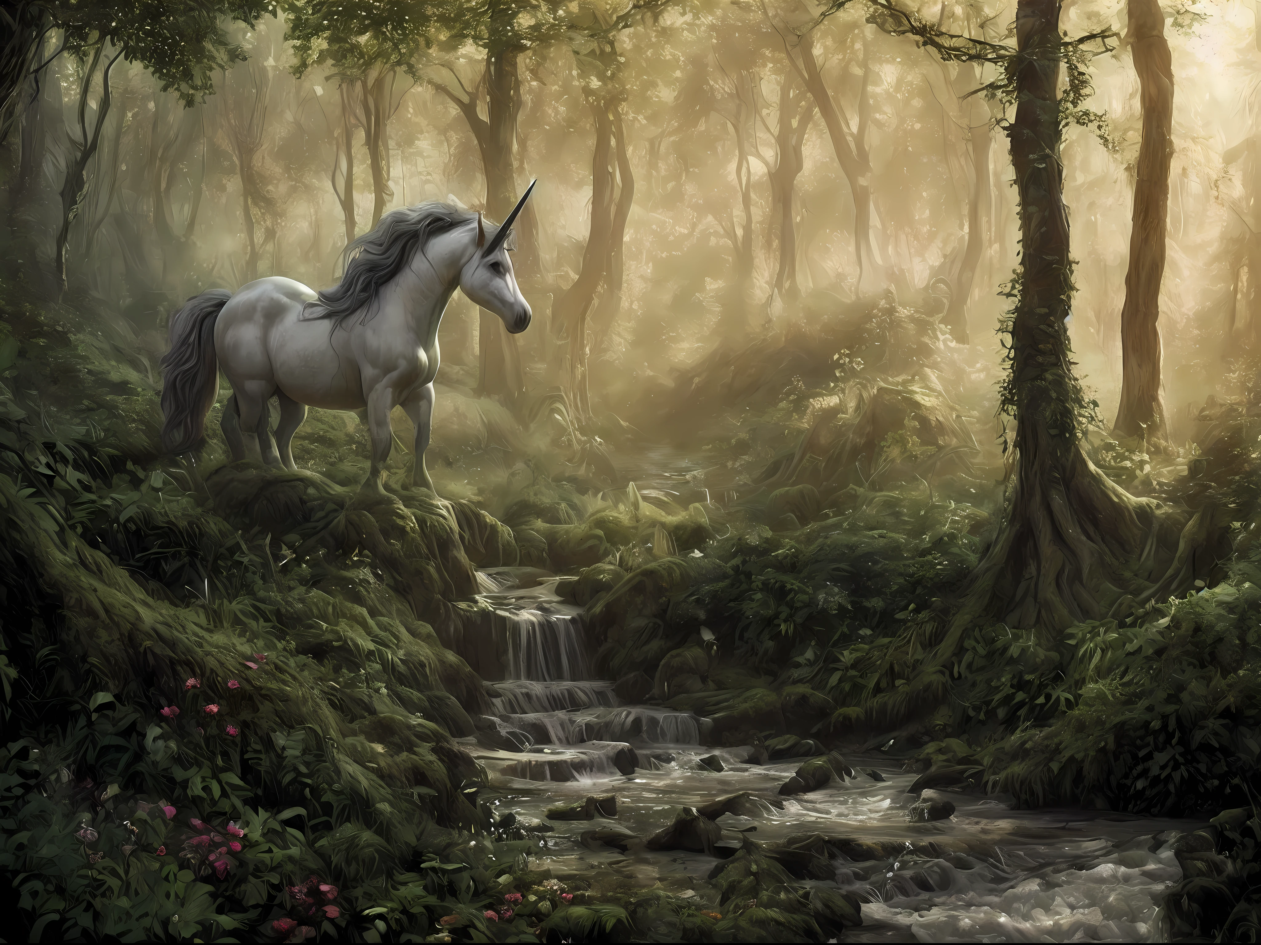 a picture of a unicorn in a forest clearing, an epic unicorn (best detailed, Masterpiece, best quality)  watching a forest clearing, there are plenty of trees and flowers, a stream of water, sunset light, sun rays, DruidMagicAI, fantasy art, forest magic magv1ll, D&D art, RPG art, magical atmosphere magic-fantasy-forest, ultra best realistic, best details, best quality, 16k, [ultra detailed], masterpiece, best quality, (extremely detailed), ultra wide shot, photorealism, depth of field, hyper realistic painting, 3D render