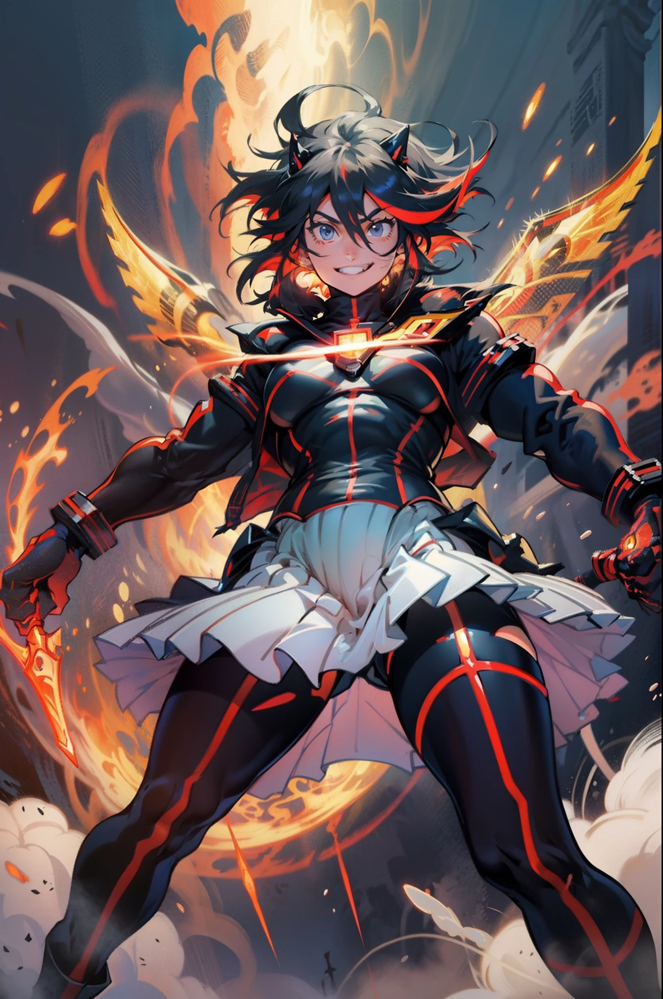 Anime, ryoko matoi,flying through the sky with black angel wings, golden leotard armor, In Battle, Chaos, shooting laser beams from hands, masterpiece ,pantyhose, boots,magicagirl body suit, large skirt, smile, long skirt,standing,smile forest,smile