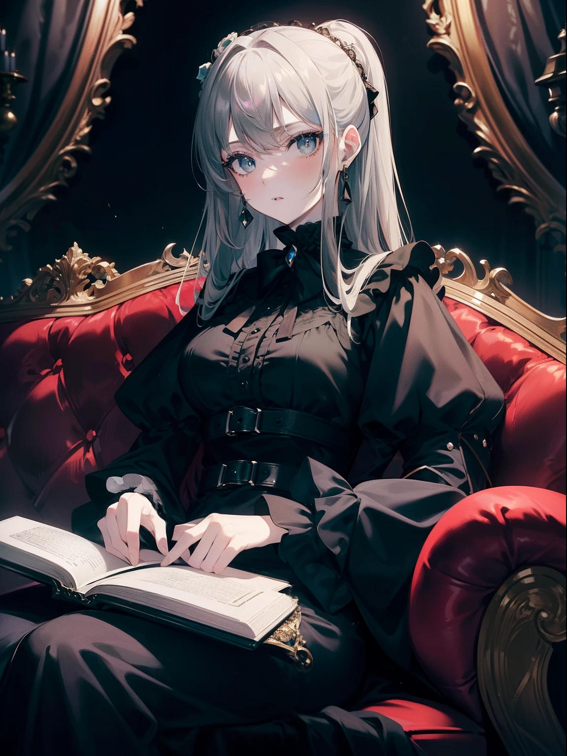 (Masterpiece, Best quality, ultra high resolution),1girl, long red hair, green eyes, pale skin, wearing a black velvet Victorian gothic dress with bell sleeves, a silver chain belt, is sitting on an antique sofa,open book on her lap, beautiful and detailed face, detailed eyes (grey and blue theme)