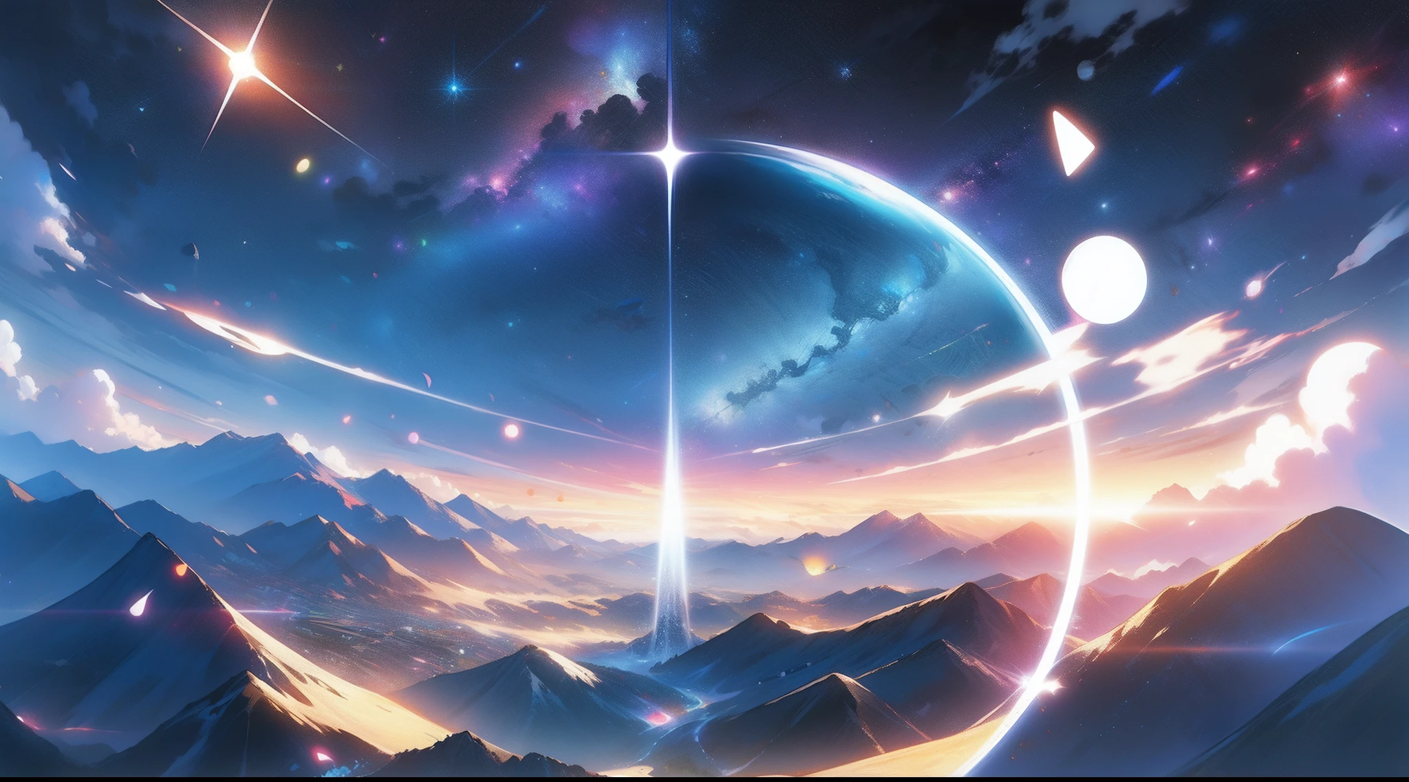 A colorful view on the galaxy with the sun, in the style of surrealistic juxtapositions, intricate landscapes, gravity-defying landscapes --niji 5