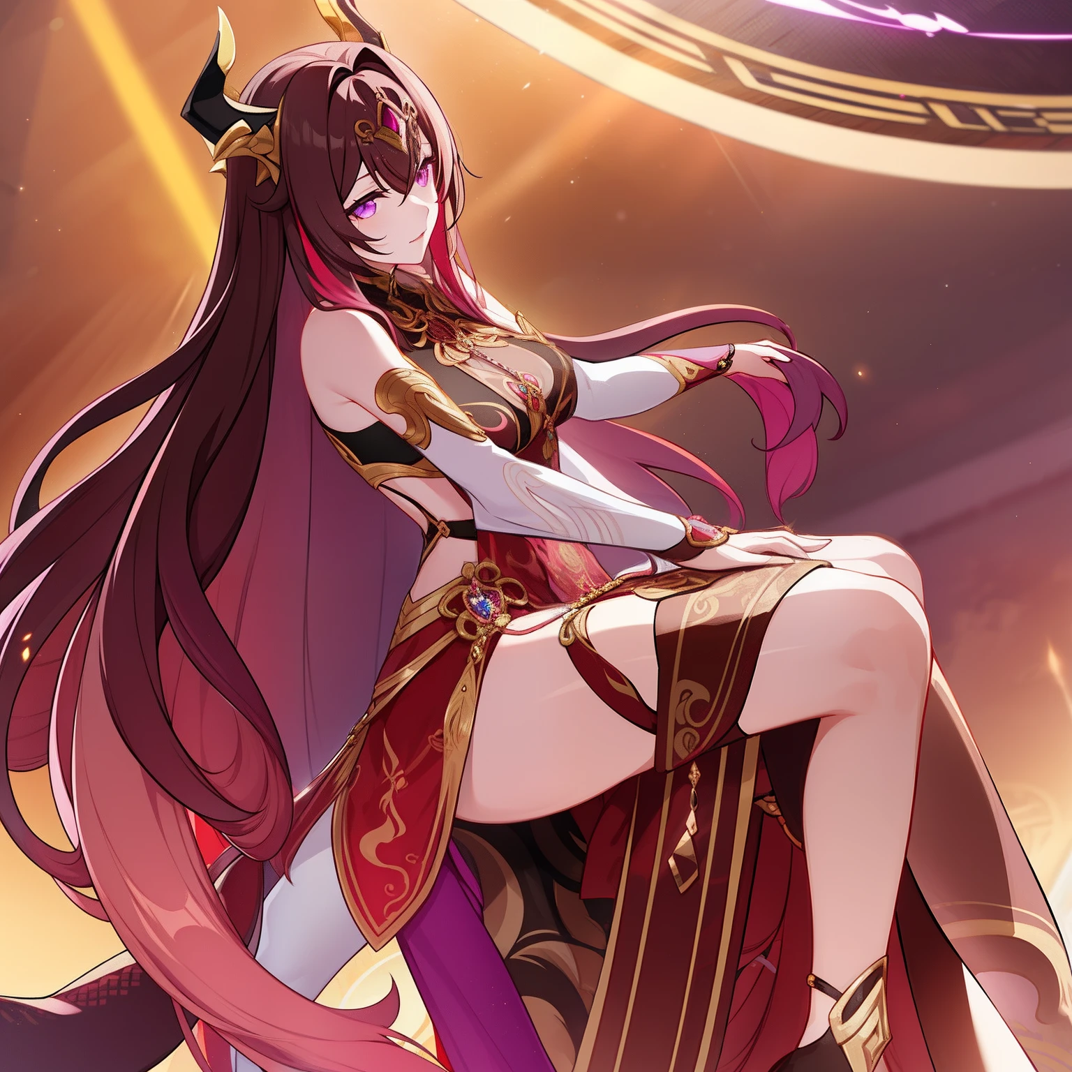 Woman, messy light brown long hair with a purple tint, dragon horns and tail, white and black Chinese dress with tight-fitting elements on her arms and legs, gold divine light, God's gaze, a sun circle, indifferent and cold gaze, light lipstick, light eyes