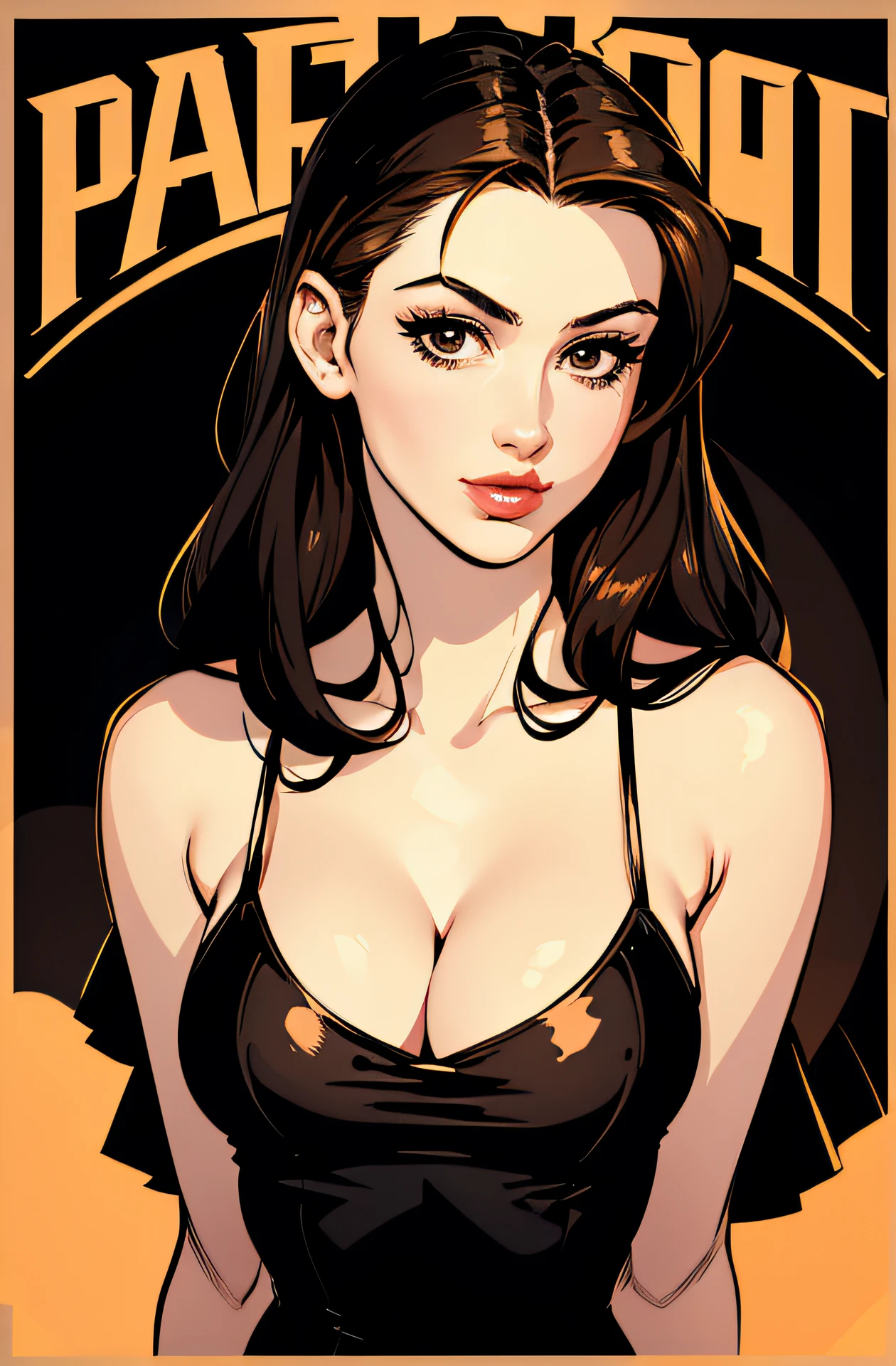 pretty women portrait 1930s movie poster style, vector-art, whole body, slender body, russian, super hero, cleavage, pin up style, sexy, realistic, brown eyes, seductive pose, paris background, noir