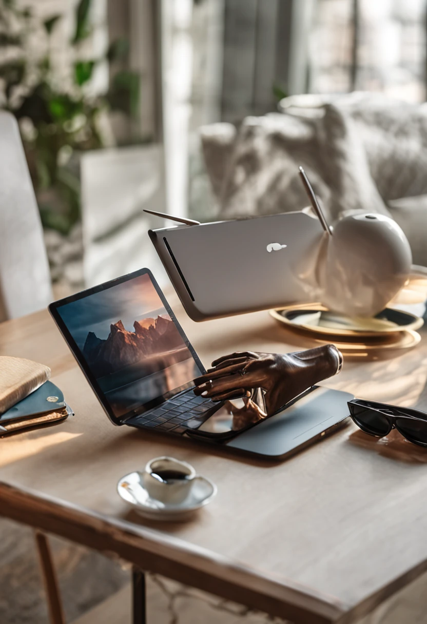 Por favor, gere uma imagem de uma mesa com os seguintes itens: um iPhone 14 Pro Max, um MacBook, um AirPod e um iPad. The table should have a modern and organized appearance, com os dispositivos dispostos de forma atraente. Os objetos devem estar posicionados de maneira realista, with crisp details and vibrant colors. Por favor, Make sure the lighting is adequate to highlight the products. O ambiente ao redor pode ser neutro, para destacar os itens principais. I eagerly await the image generated by artificial intelligence.