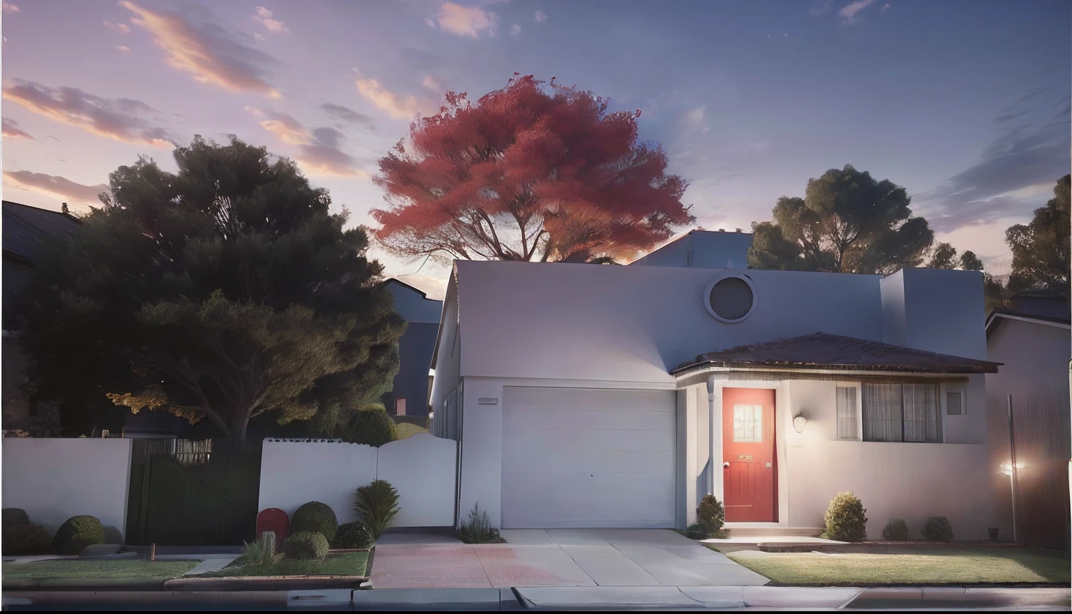 There is a white house with a red door and a tree, a photorealistic rendering, realista estabelecendo tiro, Ghibli. octan render, estilo fotorrealista, semi-realistic rendering, realista estilo 3d, peaceful suburban scene, luz do dia feita no liquidificador, Photorealistic rendering, fotorrealista 35mm, animation style rendering, Cena realista, realistic afternoon lighting, natural realistic render