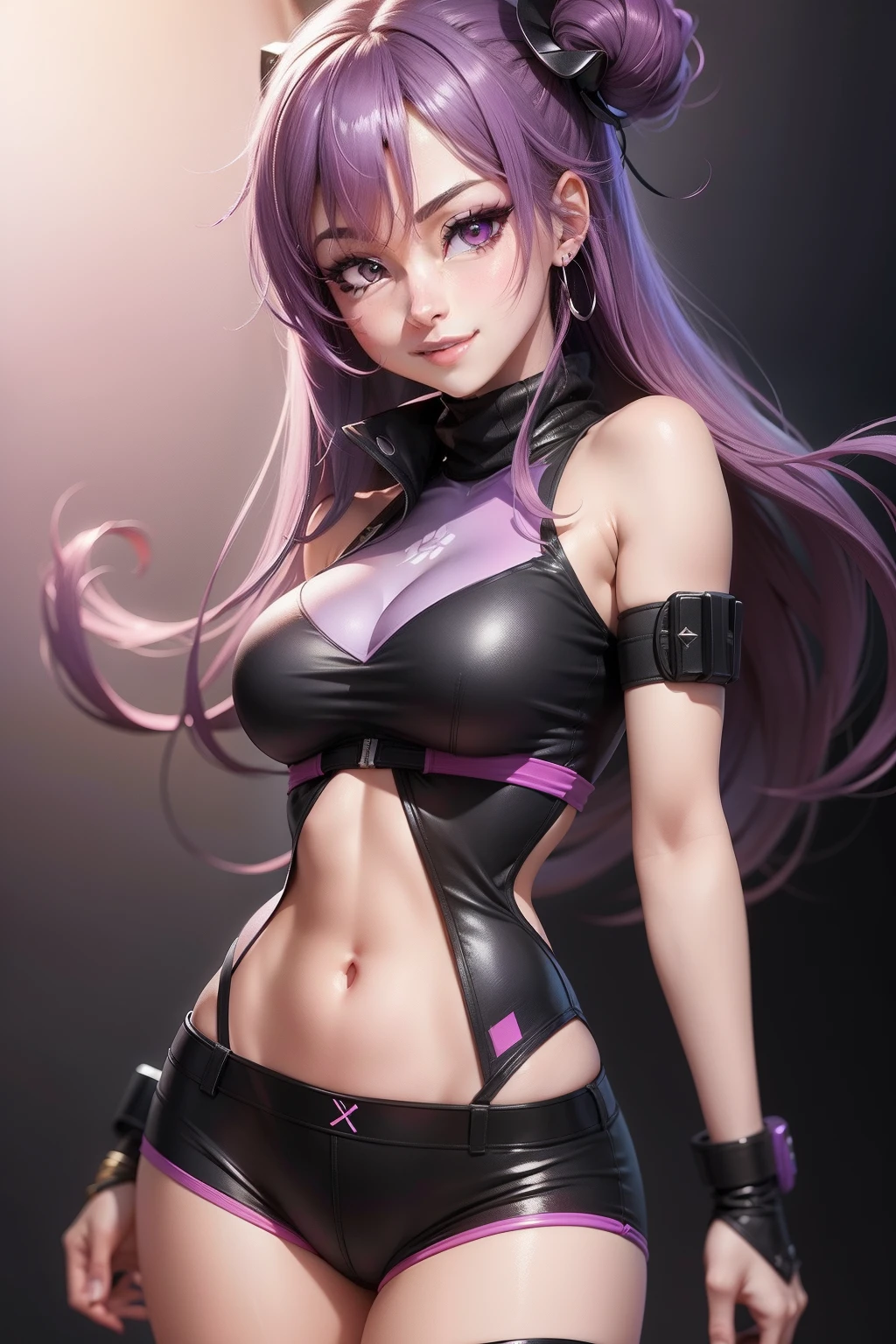 Create a high-resolution female character in anime style, exibindo um sorriso deslumbrante e cores vibrantes de rosa, roxo, preto e branco.