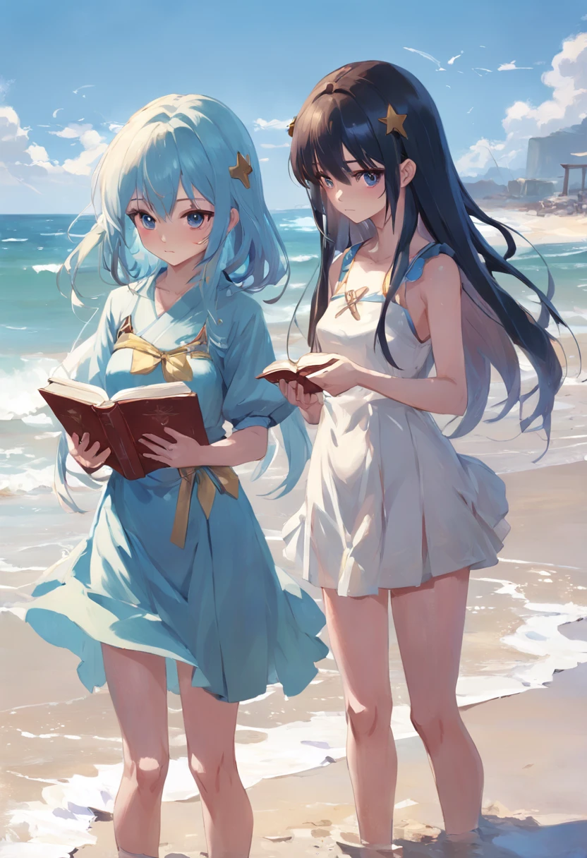 Anime - Painting style of two girls standing on the beach reading a book, a storybook illustration by Kamagurka, Vencedor do concurso Pixiv, arte de fantasia, Artgerm e Atey Ghailan, Arte no estilo de Guweiz, Guweiz em Pixiv ArtStation, duas lindas garotas de anime, Guweiz em ArtStation Pixiv. treasure chest found, um portal magico do lado
