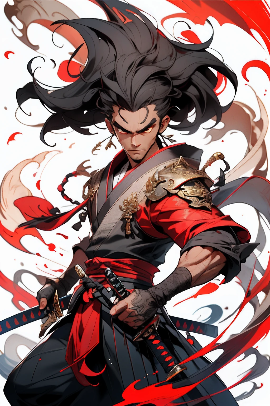 make a male character, ashen hair, spiky scarred face, tall muscular body, black kimono with red sash around her waist, ninja pants and iron gloves on his arm.