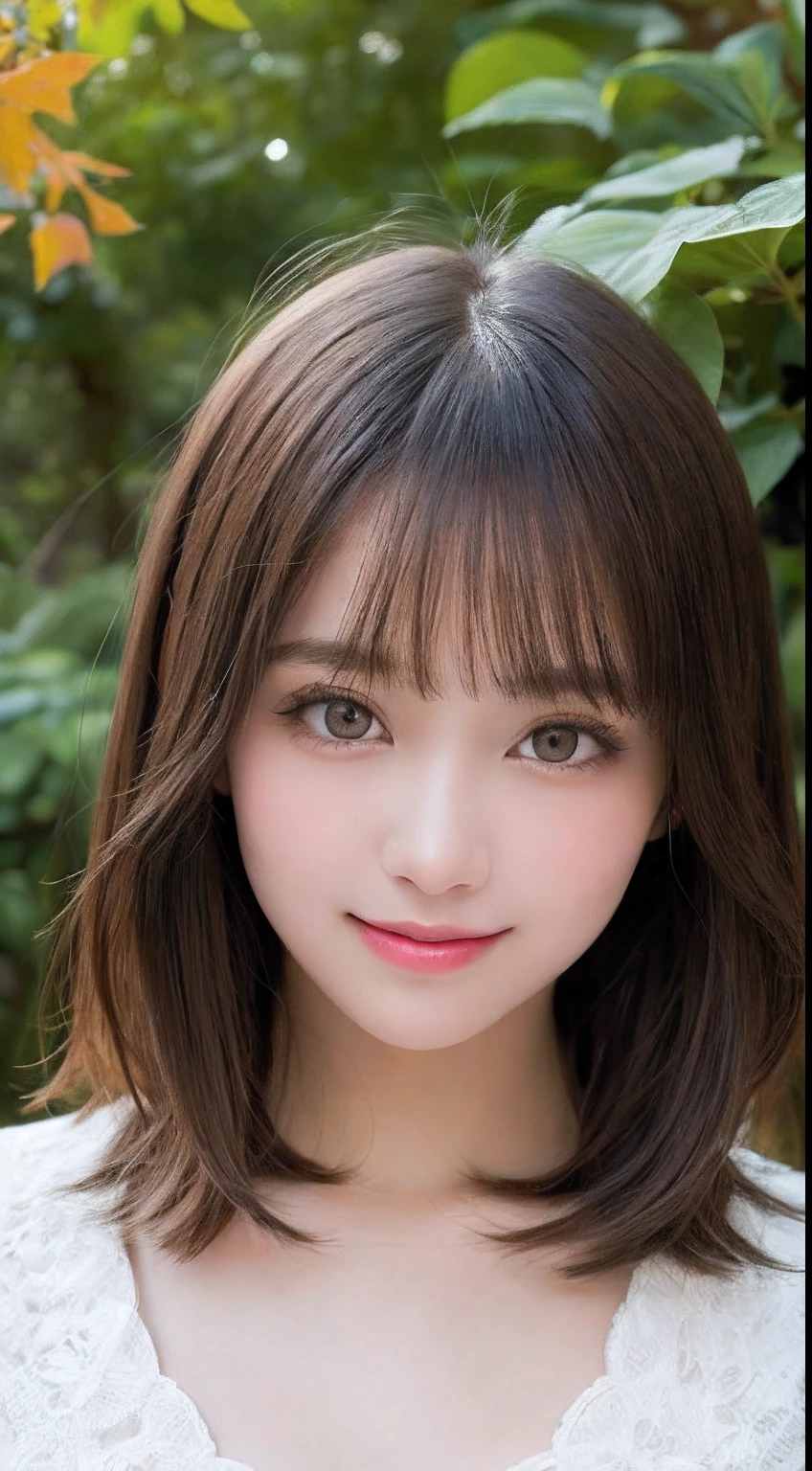 masutepiece, Best Quality, Illustration, Ultra-detailed, finely detail, hight resolution, 8K Wallpaper, Perfect dynamic composition, Beautiful detailed eyes, Women's Fashion🍂,Medium Hair,small tits、Natural Color Lip, Bold sexy poses,Smile,Harajuku、20 years girl、Cute、Sexy shot looking at camera