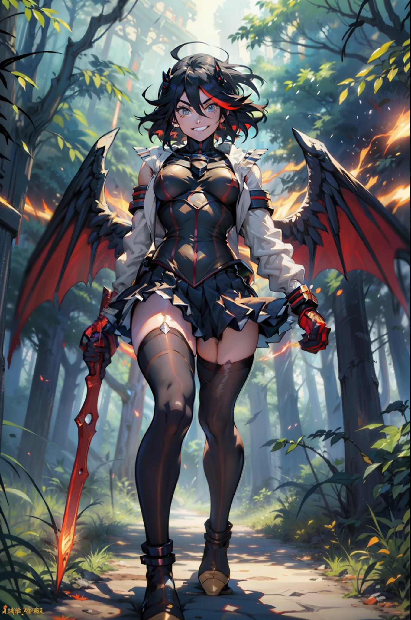 Anime, ryoko matoi,flying through the sky with black angel wings, golden leotard armor, In Battle, Chaos, shooting laser beams from hands, masterpiece ,pantyhose, boots,magicagirl body suit, large skirt, smile, long skirt,standing,smile forest,smile