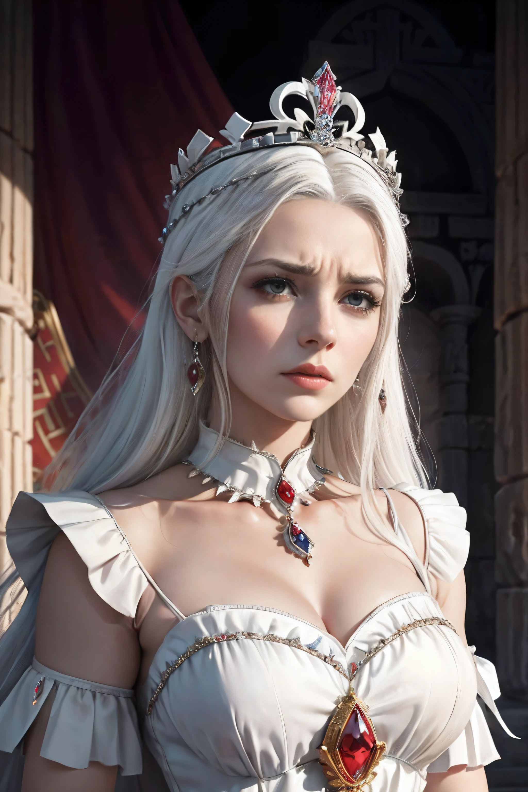 The image shows a stern looking woman with white hair with two separate fringes, her eyes are red and pained, she is wearing a crown with a large jewel, her royal greek dress is white satin, she uses a jewel on her collar. The art is of heavy ancient Greek inspiration. The art is non-sexualized.