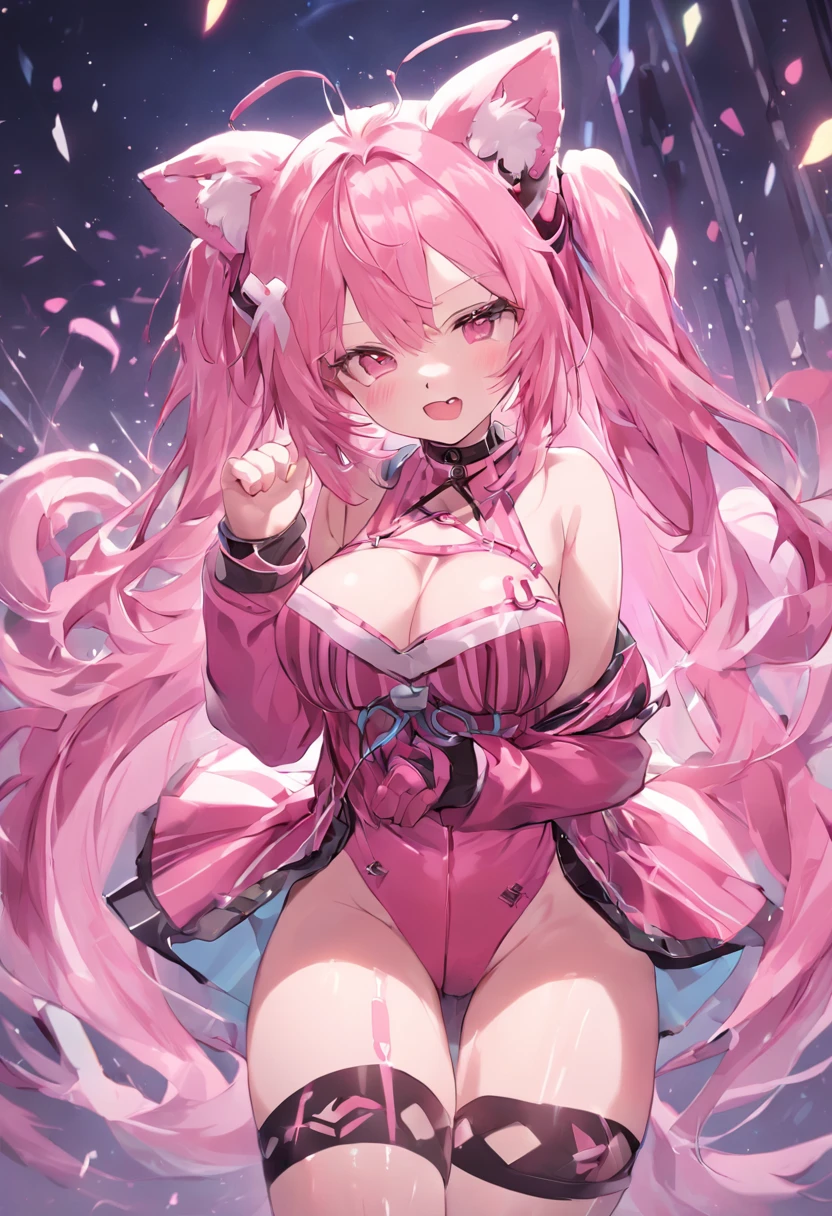 1girl, breasts, solo, headphones, large breasts, pink hair, thigh highs, long hair, looking at the viewer, transparent background, blush, smile, open mouth, bear ears, navel, animal hands, cleavage, animal ears, pink eyes, striped, midriff, skirt, paw gloves, gloves, whole body, striped thigh highs