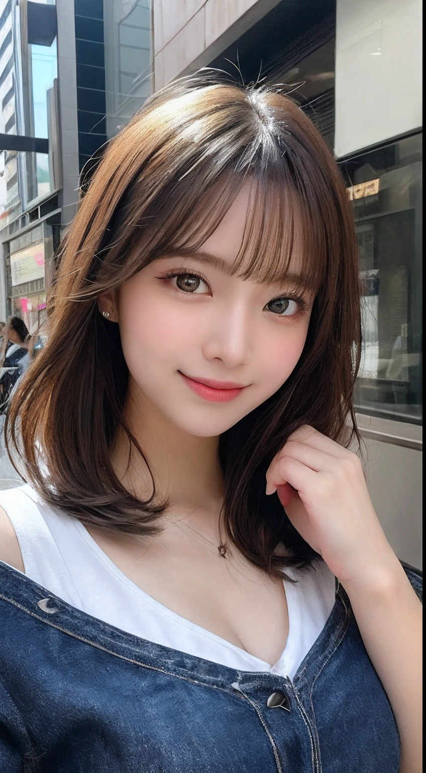 masutepiece, Best Quality, Illustration, Ultra-detailed, finely detail, hight resolution, 8K Wallpaper, Perfect dynamic composition, Beautiful detailed eyes, Women's Fashion Autumn,Medium Hair,small tits、Natural Color Lip, Bold sexy poses,Smile,Harajuku、20 years girl、Cute、Sexy shot looking at camera