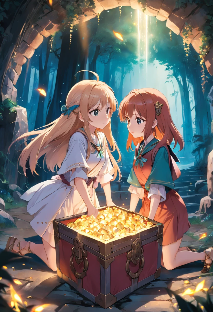 The two girls found a treasure chest, e ao abrir, A magical portal appeared in front of the girls