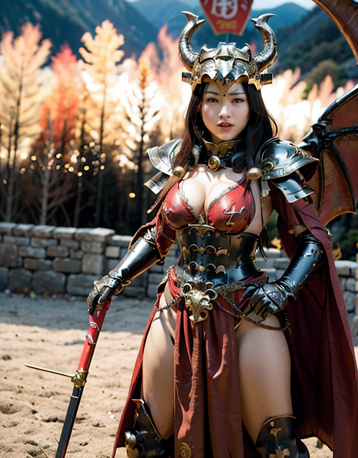 Professional , ​masterpiece、top-quality、photos realistic , depth of fields 、（Dragon Red Metal Body:1.９),(Enamel Red、（cleavage of the breast）、Dragon Gold Weapon、（Red Micro Bikini Armor:1.４),Gorgeous gold weapons ,（（ Dragon's dense and gorgeous sword）） , （demonic wings）、（（a blond））、（Castle background）、（（Gangle's forest background））、（（Fight dragons））、Beautiful Caucasian beauty、１a person、dynamic ungle,(((Detailed and ornate dragon helmet)))、Smaller head、A smile、Castle background、Thin and beautiful female hands、cleavage of the breast、Soldier in iron armor on background、Mystical expression、Light Effects、intense fighting、Wind-effect、magic circles、With the legendary magic wand、Dragon's tail、explosions、Anatomically correct body、
