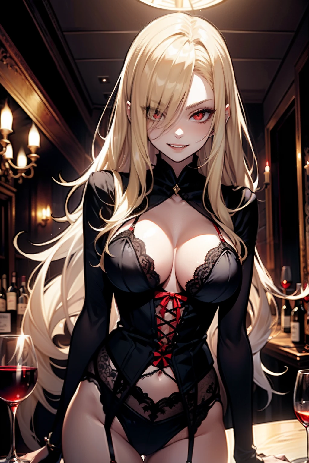 young woman, vampire, blonde hair, vampire teeth, red eyes, pale skin, smiling, wearing lingerie black, drinking wine from a glass, on one dark room, 4k, sexual atmosphere, sensual, masterpiece