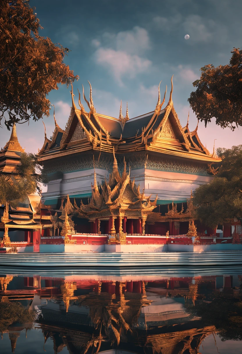 **master part, best quality, (Muito detalhado CG unidade 8k papel de parede), (best quality), (best illustration), (Melhor sombra), Spirit of brilliance, com um ((((guerreiro bonito))) Passeio em (((((Hiryu)))) , Thai Royal Palace and Thai Temple in the Sky, surrounded by trees, folhas e galhos, 。...3d, Crushing the octane number, ray tracing, super detalhado