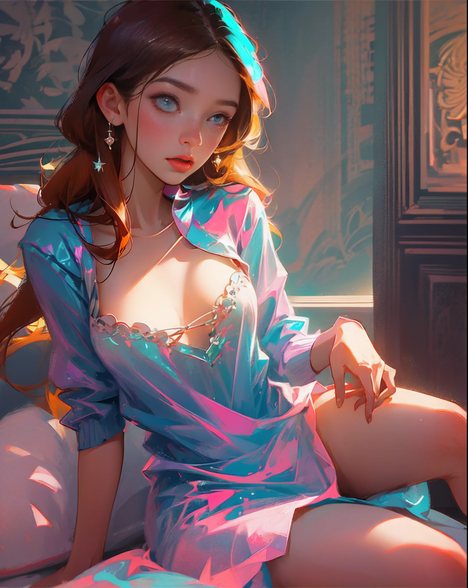 masterpiece, best quality, high quality, 1girl, orange hair, long hair, blue eyes,(small breasts:1.5), pink nightgown shirt, bedroom, bed, naughty_face,solo, seiza position, no bra, covered_. --auto --s2