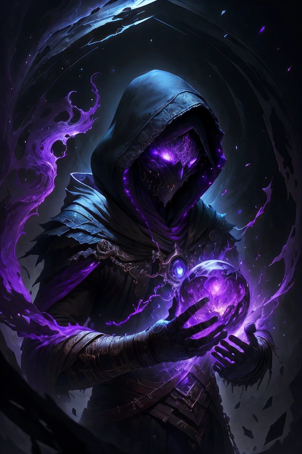best quality, masterpiece, ultra high resolution, (realistic photo: 1.4), surrealism, dreamlike, V0id3nergy, being hooded in the dark, representing an umbral elemental, infiltrating with purple energy that attracts rocks everywhere, perfect shadows, high quality shading, photorealistic Shadowdancer, shadow magic, darkness control, stealth, shadowstep, umbral spells, hidden blade,