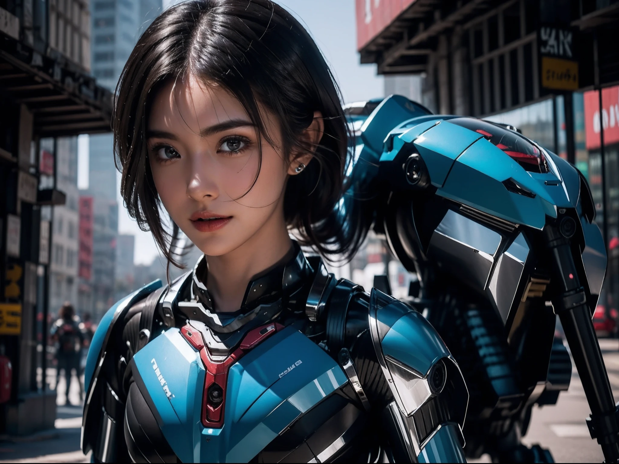 ((1girll)), Cabello ondeante, cabello negro,rasgos faciales perfectos, Cara exquisita, Super details, super quality, mechanical limbs, (Mech azul), movimiento fresco, Ciudad Cyberpunk, K HD, Realista, movie quality, Renderizado por Octane, Renderizado C4D, Obra maestra, La mejor calidad, 8k, Detalles altos, hiper HD