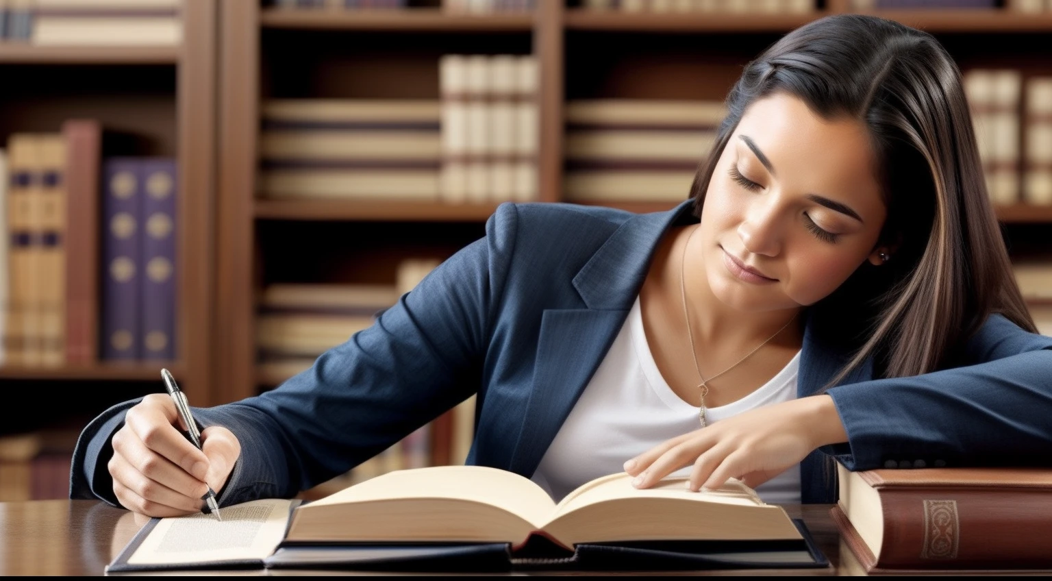 Uma imagem de uma pessoa lendo um livro ou estudando, with annotations and markup on pages.