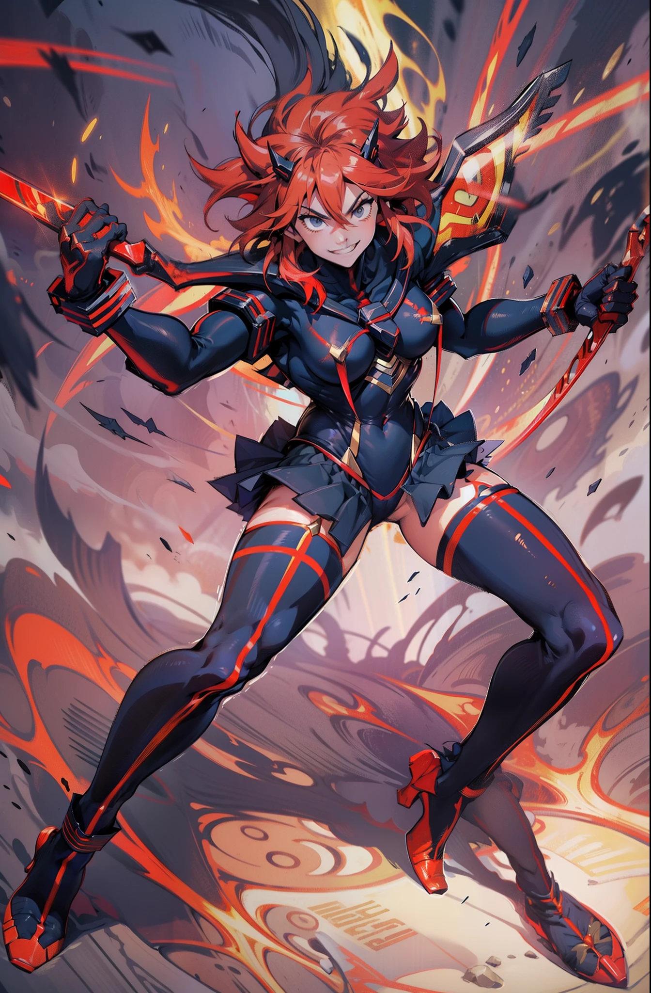 Anime, ryoko matoi,flying through the sky with black angel wings, golden leotard armor, In Battle, Chaos, shooting laser beams from hands, masterpiece ,pantyhose, boots,magicagirl body suit, large skirt, smile, long skirt,standing,smile forest,smile