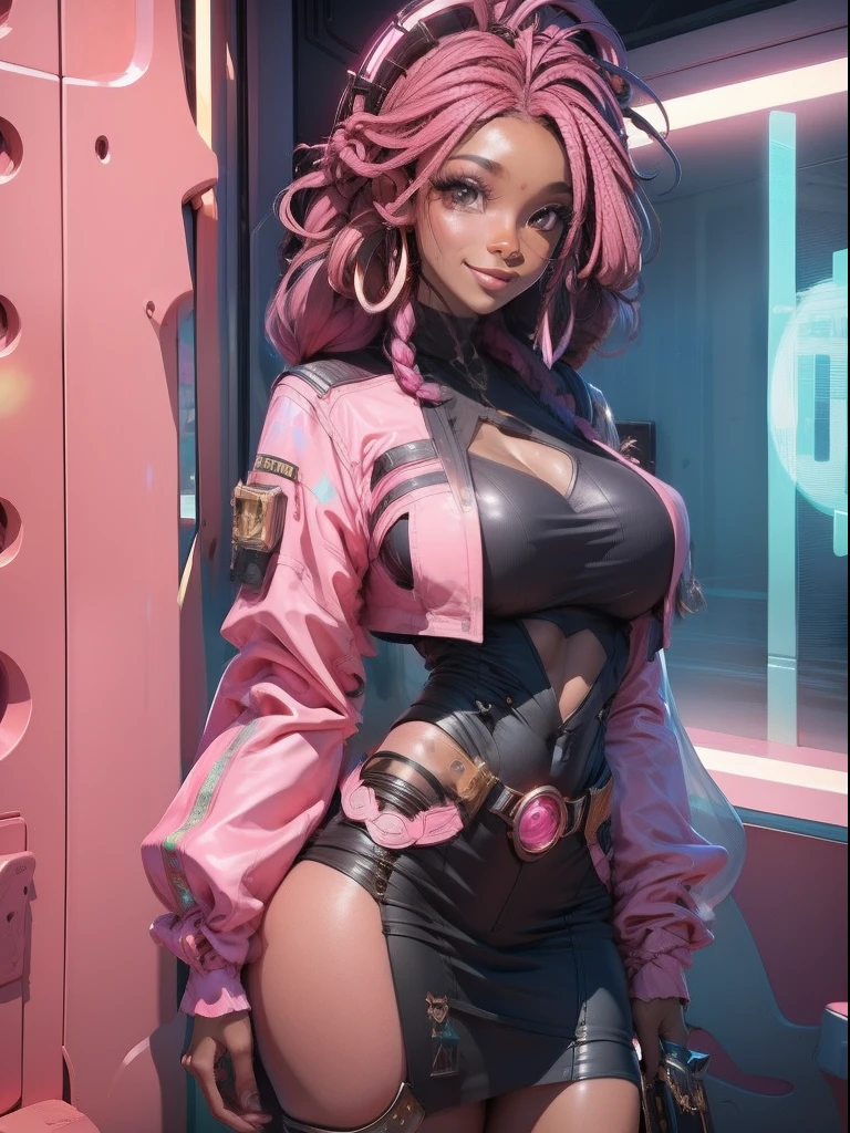 A beautiful pretty brown skin solarpunk, pink theme