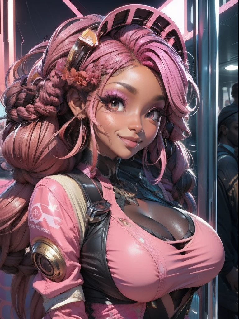 A beautiful pretty brown skin solarpunk, pink theme