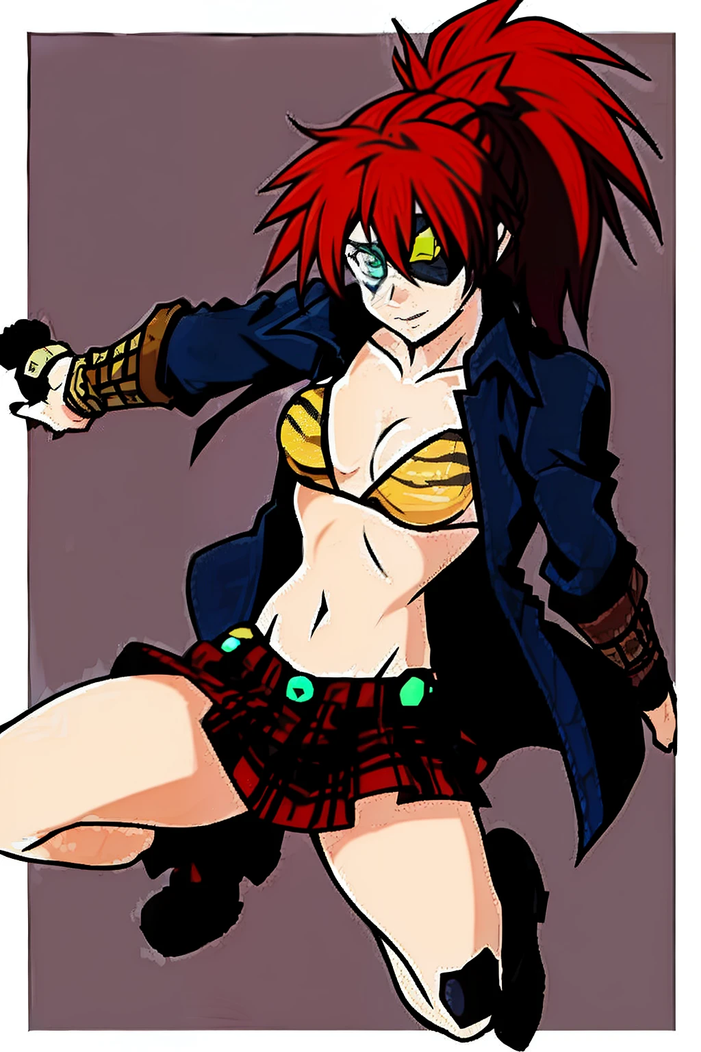 solo female, Pirate, eyepatch, tigerskin bikini top, plaid skirt, combat boots, long red hair, ponytail, green eyes, full body, confident expression, pirate coat